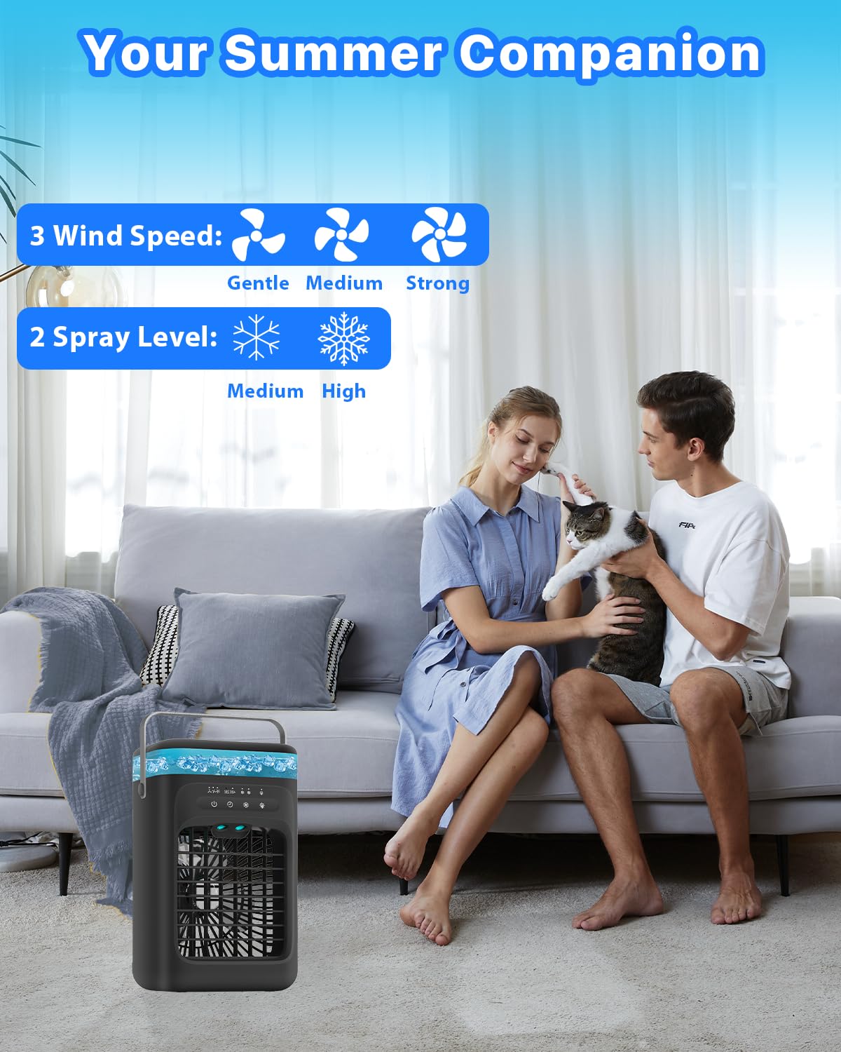 Portable Air Conditioner, 4-in-1 Evaporative Air Cooler, Personal Cooling Fan with 3 Speeds, 2 Mist Modes, 7 LED Night Light, 2-4H Timer