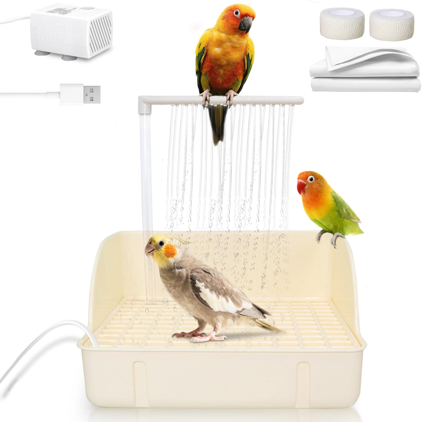 Jevnd Automatic Parakeet Bird Bath with Pump, Large Bird Shower Fountain Indoor Bathtub with Running Water, Parrot Bath Tub Faucet for Pet Birds, Cockatiel, African Grey, Budgie, Conure, Lovebird