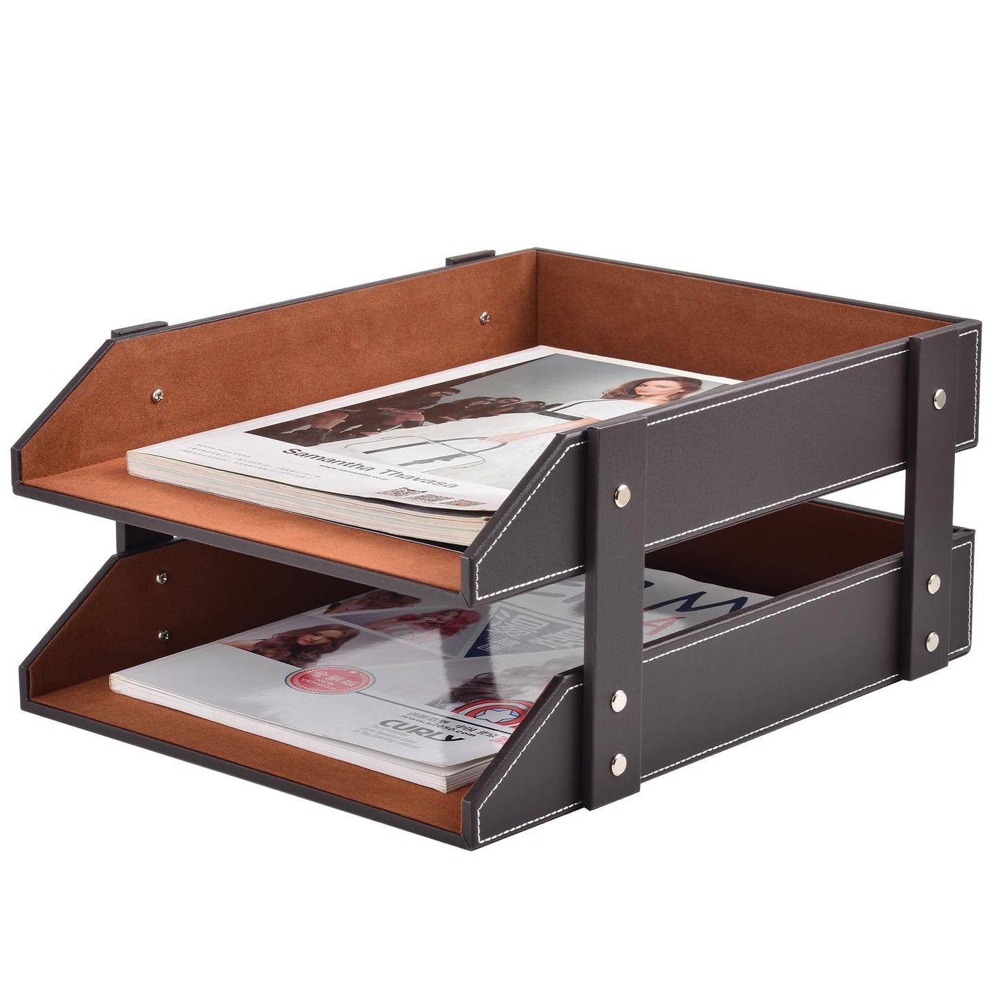 Leather Desk File Supply Organizer,Stackable Office File Document Tray for Files, Folder, Stationery, Magazine, Newspaper, Mail, Home Sundries Desktop Organization Holder,Coffee
