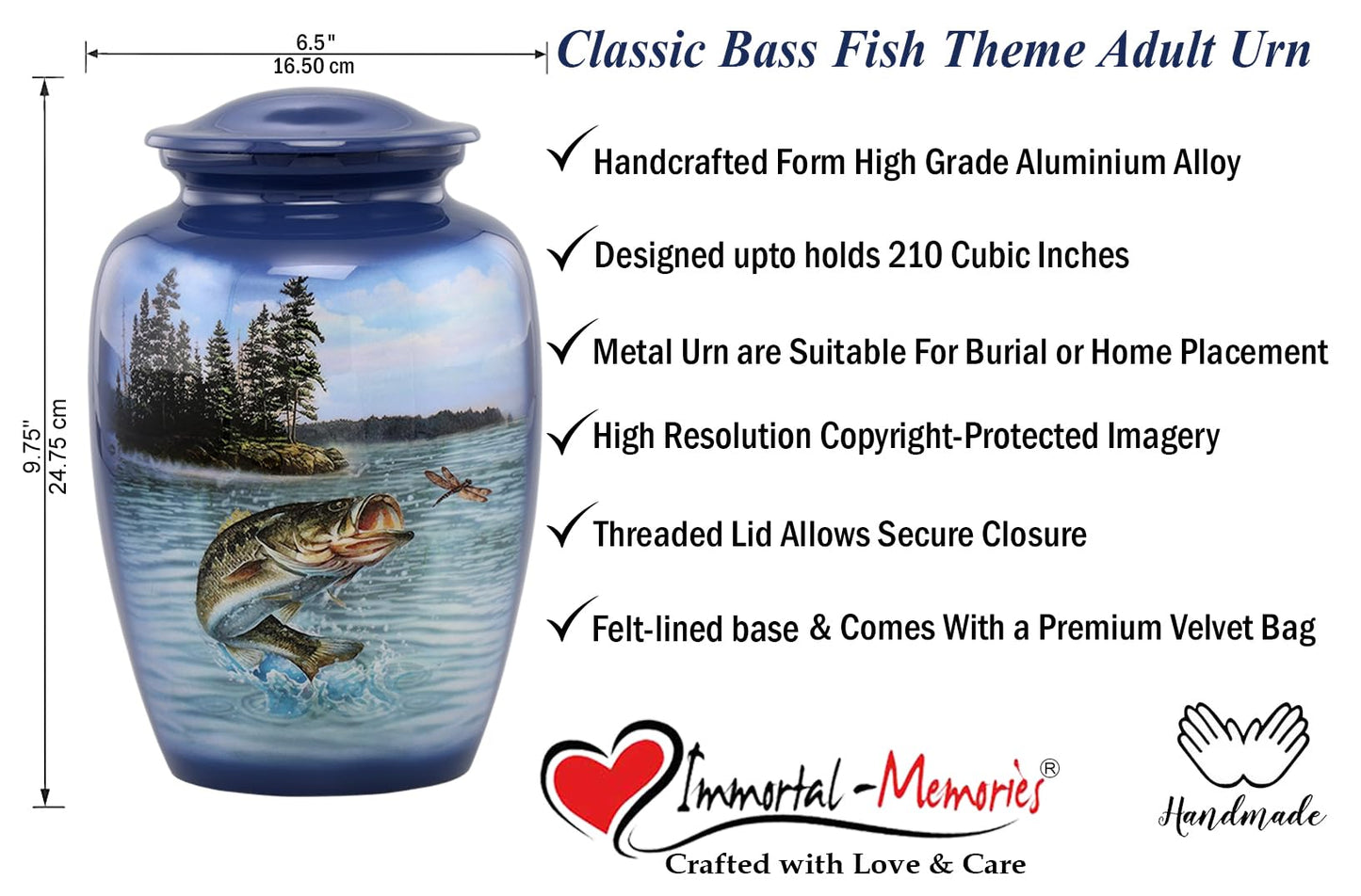 Bass Fishing Urn - Bass Fish Cremation Urn for Ashes - Adult Fishing Urn - Handcrafted Adult Bass Fish Funeral Urn - Fishing Memorial Urn with Velvet Bag (Large)
