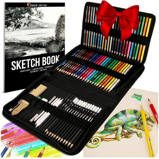 74-Piece Drawing Set - Beginner or Professional Tool Set, Pencil Case with Watercolor Pencils, Colored, Graphite, and Charcoal Pencils + Accessories - Sketch Book Included - Art Supplies for Adults