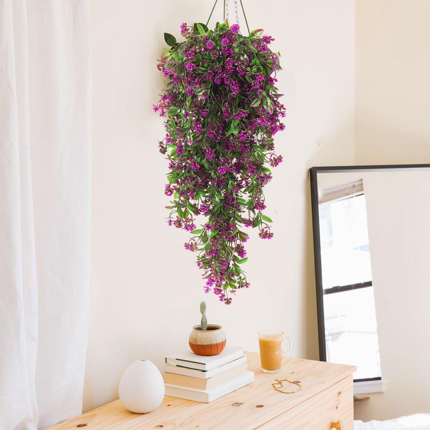 RECUTMS 2Pcs Artificial Hanging Flower Greenery Plants Spring Faux Greenery Artificial Plants for Outdoors Hanging Basket Plastic Home Garden Wedding Party Valentines Decorations(Fuchsia)