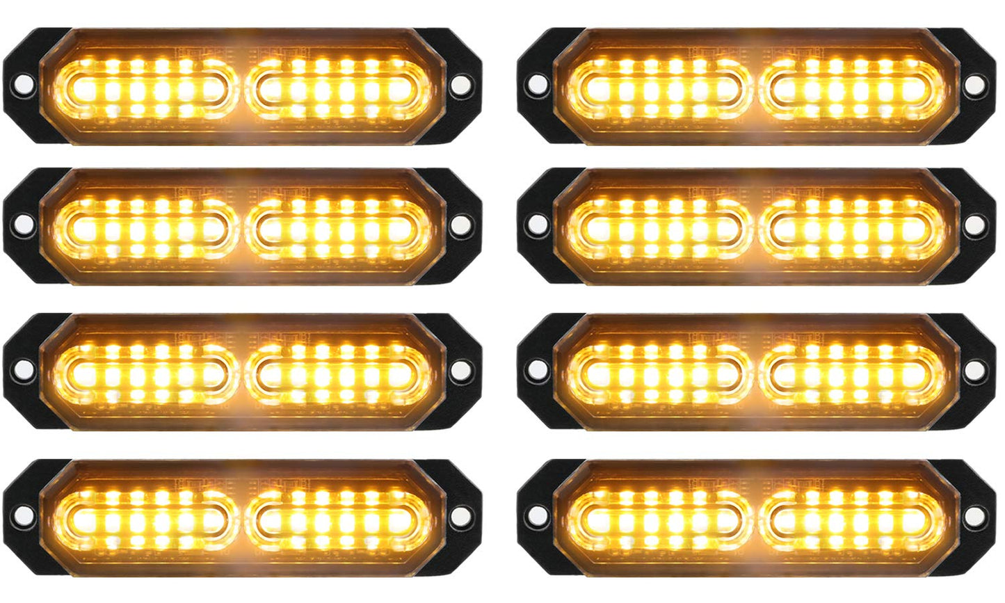 ASPL 8pcs Sync Feature Ultra Slim 12-LED Surface Mount Flashing Strobe Lights for Truck Car Vehicle LED Mini Grille Light Head Emergency Beacon Hazard Warning Lights (Amber)