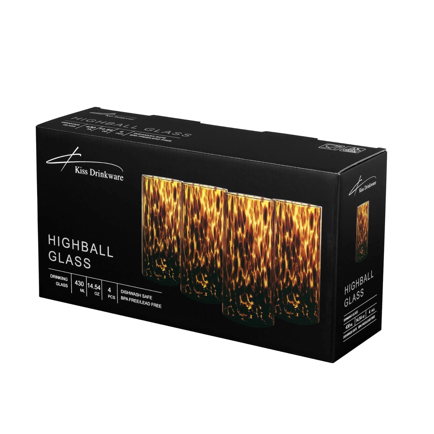 Joseph Sedgh Collection Tortoise Shell Highball Glass Set of 4 – 14.54 oz Borosilicate Cocktail & Water Glasses – Durable, Lead-Free, Dishwasher Safe – Elegant Gift Packaging
