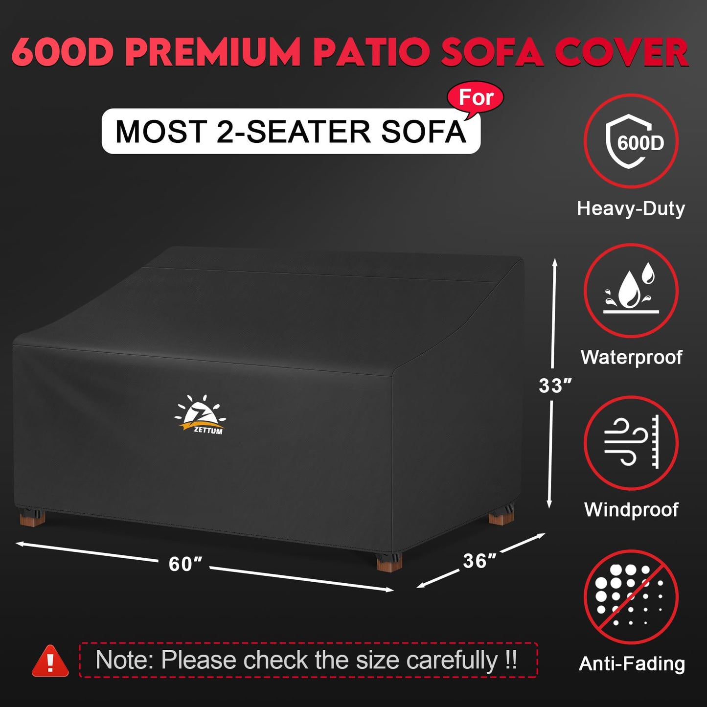 Zettum Patio Loveseat Cover 60 Inch - 600D Outdoor Couch Cover Furniture Sofa Cover Waterproof Heavy Duty, 2-Seater Bench Cover for Outside Sofa, Loveseat, Couch, Bench and Glider - 60 x 36 x 33 Inch