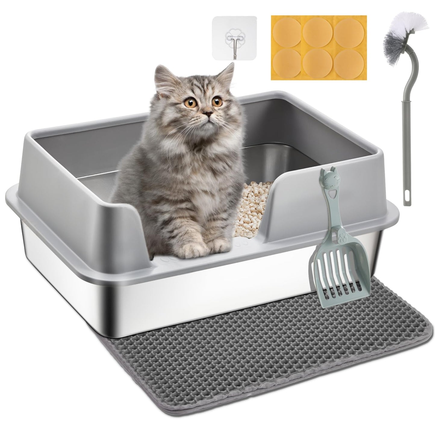 Stainless Steel Cat Litter Box with Lid - Papettly Stainless Steel Litter Box with High Sided, Metal Cat Litter Box with Double Layer Litter Mat, Scoop, Brush, Easy Cleaning & Anti-Leakage, 20"x14"