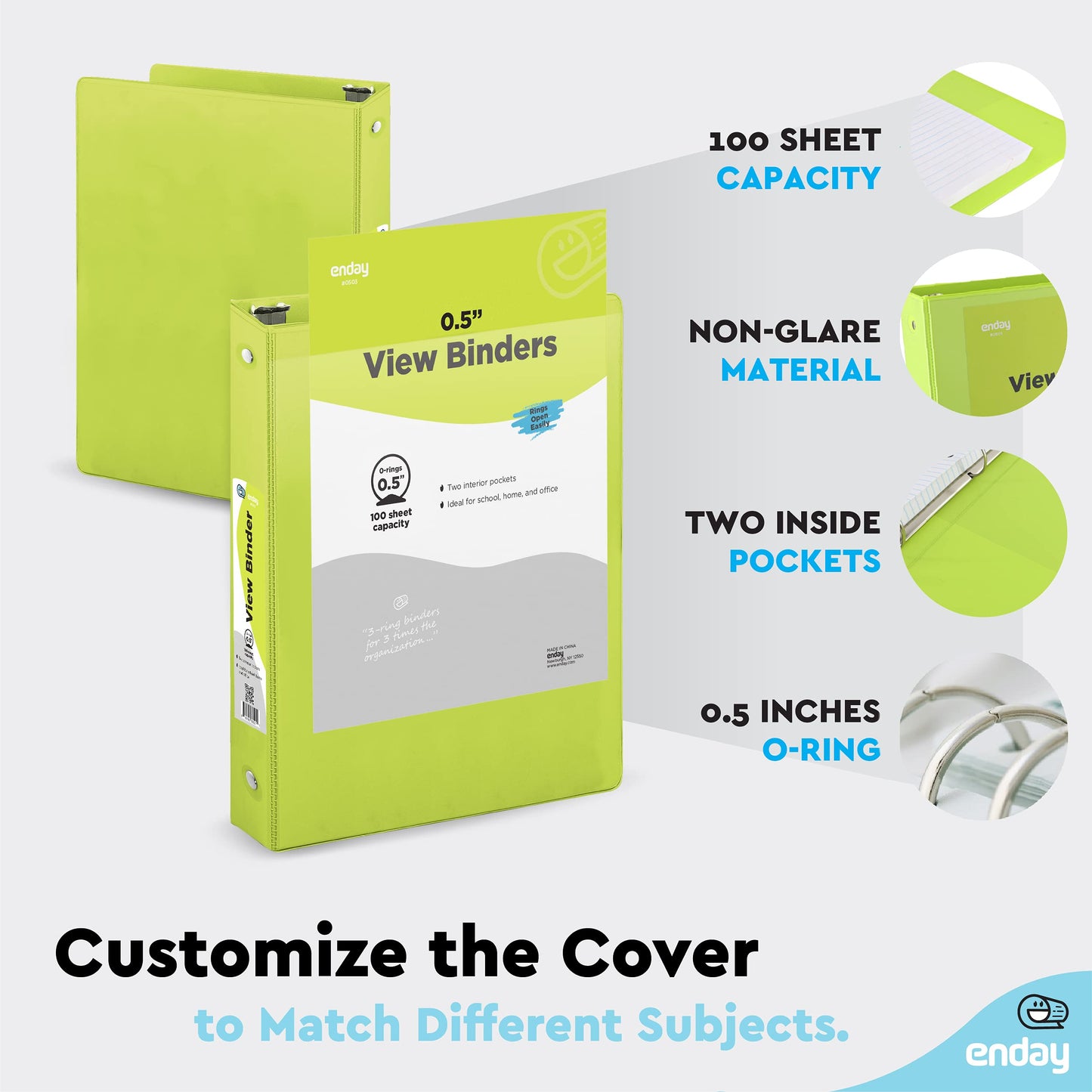 ½ Inch 3 Ring Binder .5 inch Clear View Cover with 2 Inside Pockets, Colored School Supplies Office and Home Binders, Multicolor (6 Pack) – by Enday