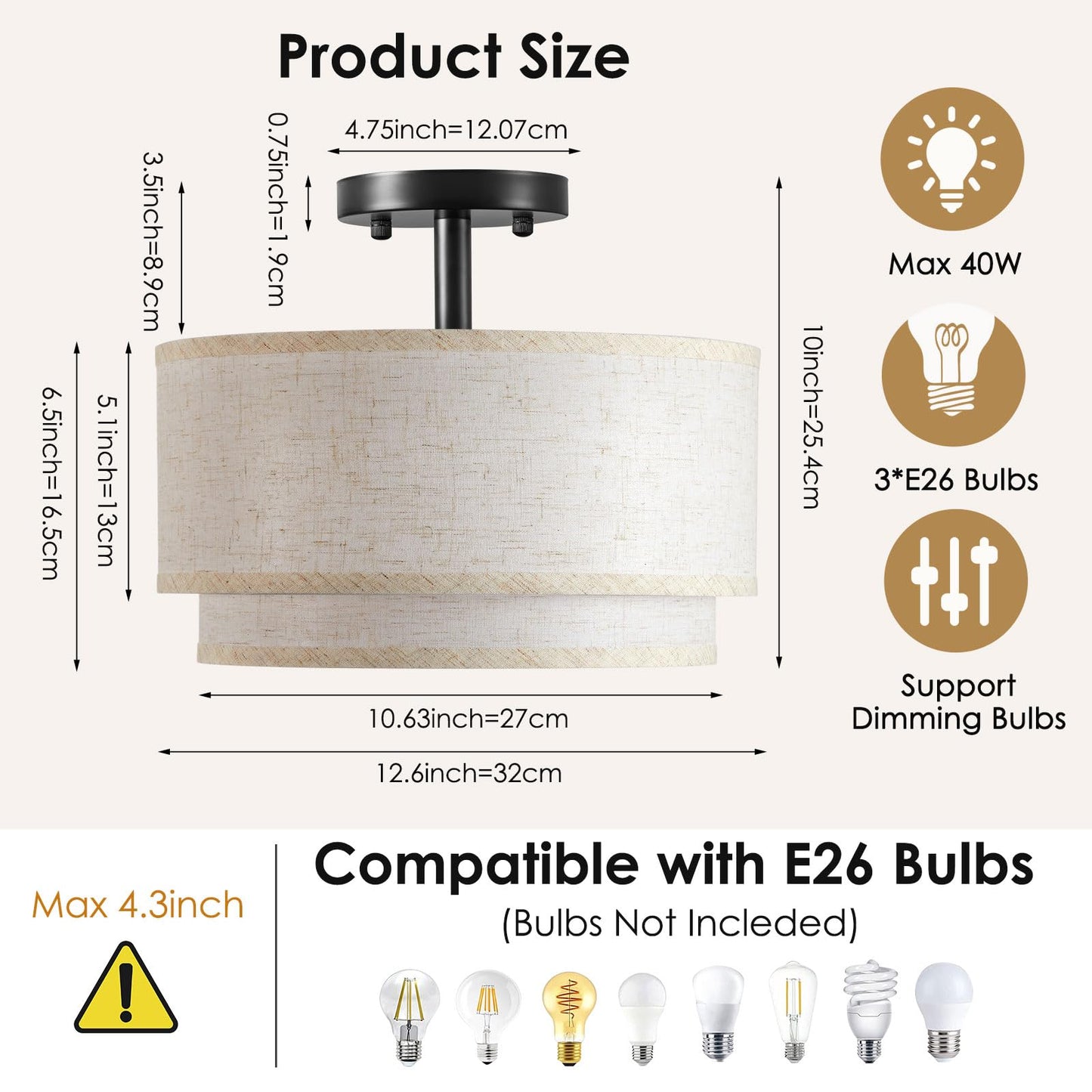 Ceiling Light,2-Layer Drum Shaped Light Fixture Ceiling,3 Light Semi Flush Mount Ceiling Light, 12.6“ Modern Fabric Ceiling Light Fixtures,Ideal Bedroom Light Fixtures Ceiling,Living Room,Kitchen