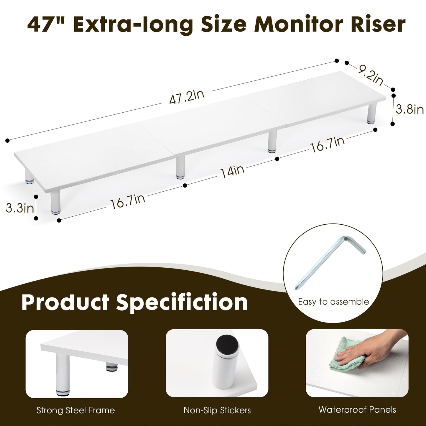 La Jaco 47 Inch Extra-Long Dual Monitor Stand Riser for 2 Monitors, Desk Shelf TV Riser Blocks, Wood and Steel Desktop Riser for Computer, Laptop, Printer, Home Office Organization, White