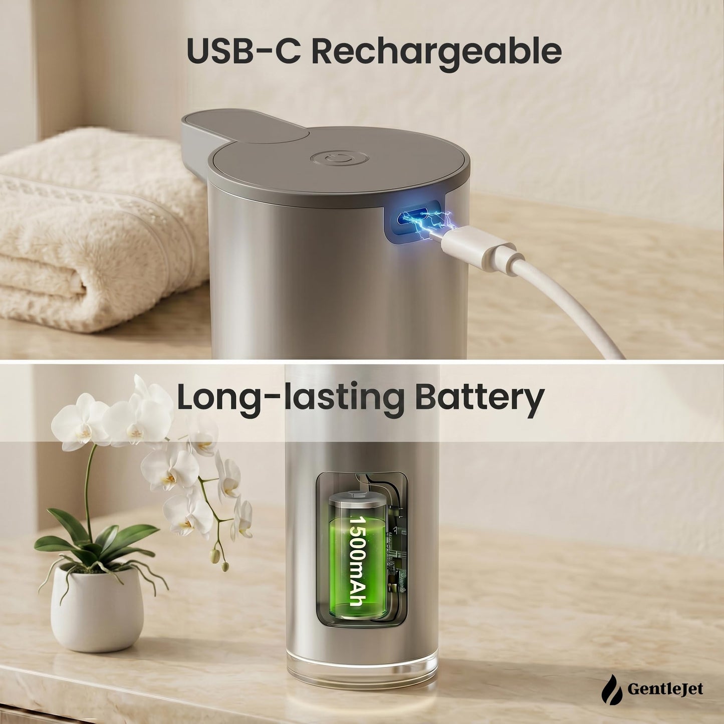 GentleJet EasyFoam Automatic Foaming Soap Dispenser, Touchless USB-C Rechargeable Sensor Pump, 304 Stainless Steel, Adjustable Foam, IPX5 Water-Resistant for Bathroom & Kitchen, 10 fl oz / 300 mL