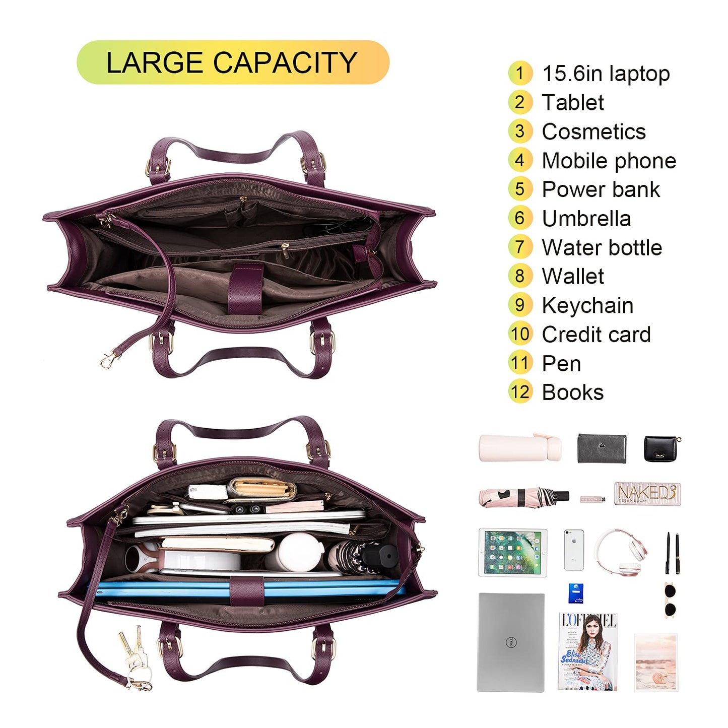 LOVEVOOK Laptop Bag for Women, Fashion Computer Tote Bag Large Capacity Handbag, Leather Shoulder Bag Purse Set, Professional Business Work Briefcase for Office Lady, 2PCs, 15.6-Inch, Deep Plum