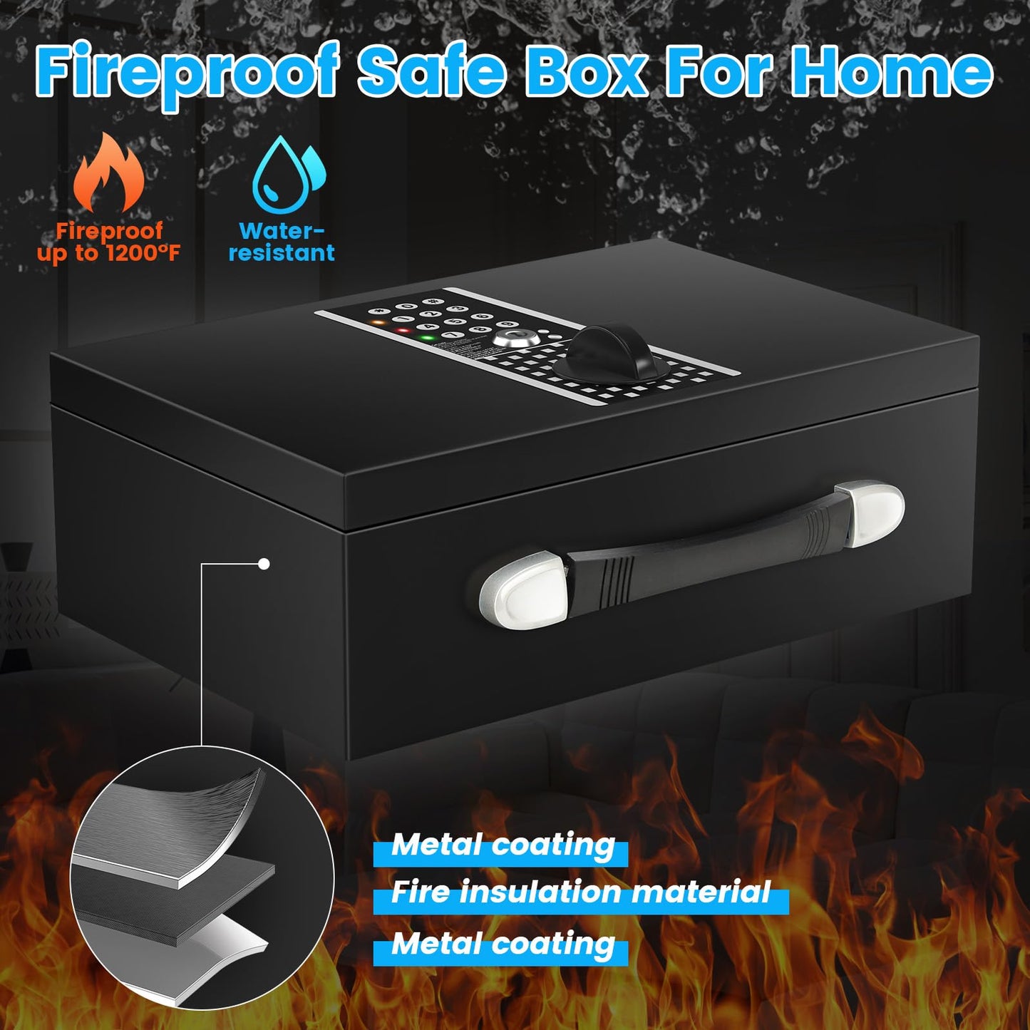 GUVELI Portable Safe Box for Home with Alarm and Silent Modes, Digital Home Safes Money Safe Box with Hand Grip, Lock Box Storage Fireproof Document Box for Money Medicine Jewelry A4 Document