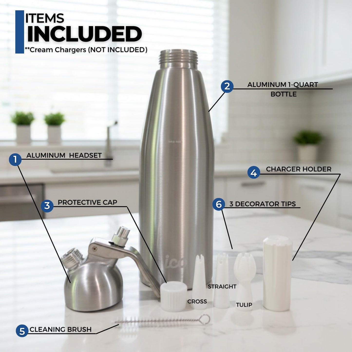 ICO Professional Aluminum Whipped Cream Dispenser with 3 Stainless Steel Nozzles & Cleaning Brush, for Homemade Whipping Cream, Dips, Sauces, and Infusions (1L or 1 quart) Gas chargers not included