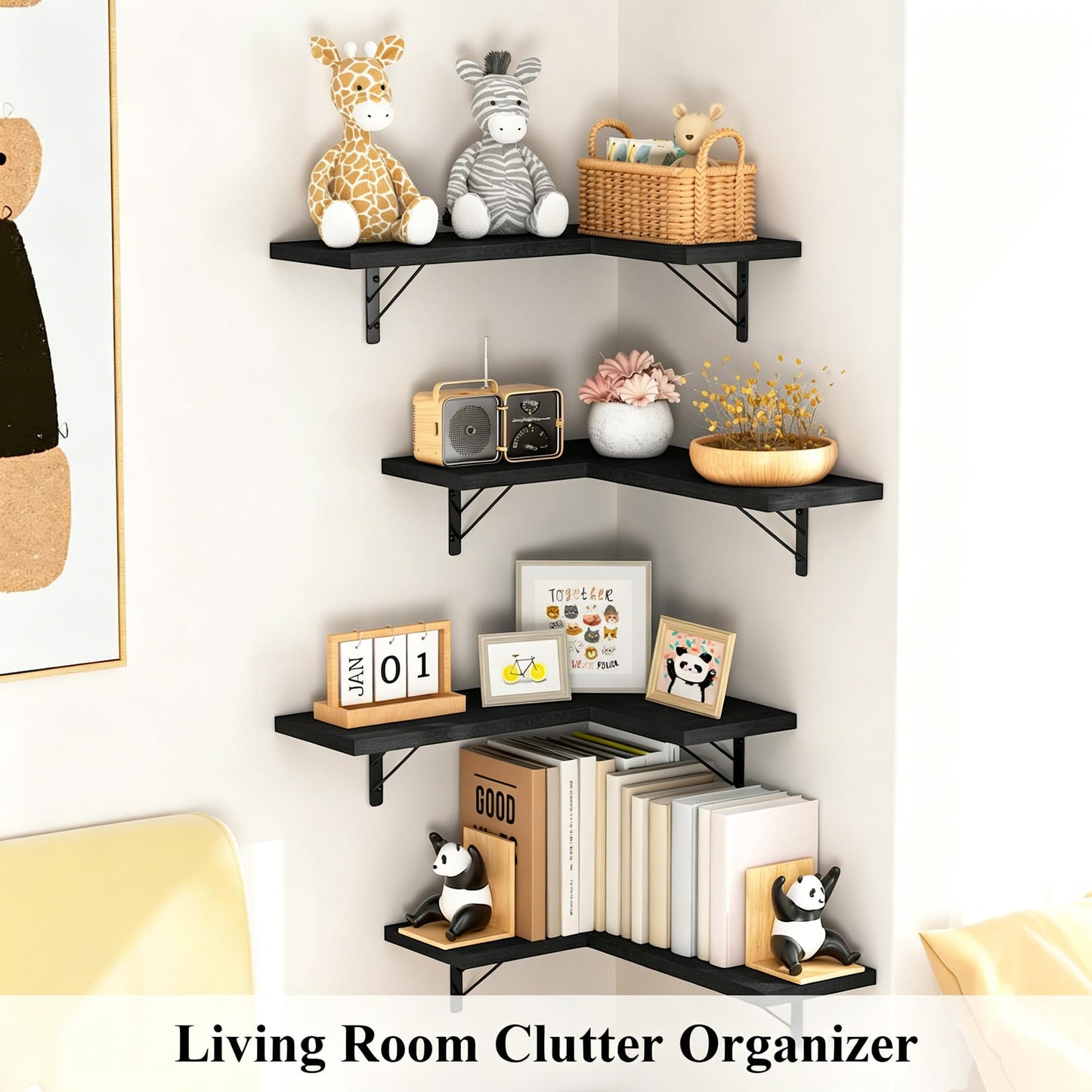 Love-KANKEI Corner Shelf Wall Mounted, Floating Wall Shelves for Storage, Rustic Wood Hanging Shelves for Display, Bathroom Kitchen Bedroom Living Room, Set of 4, Black