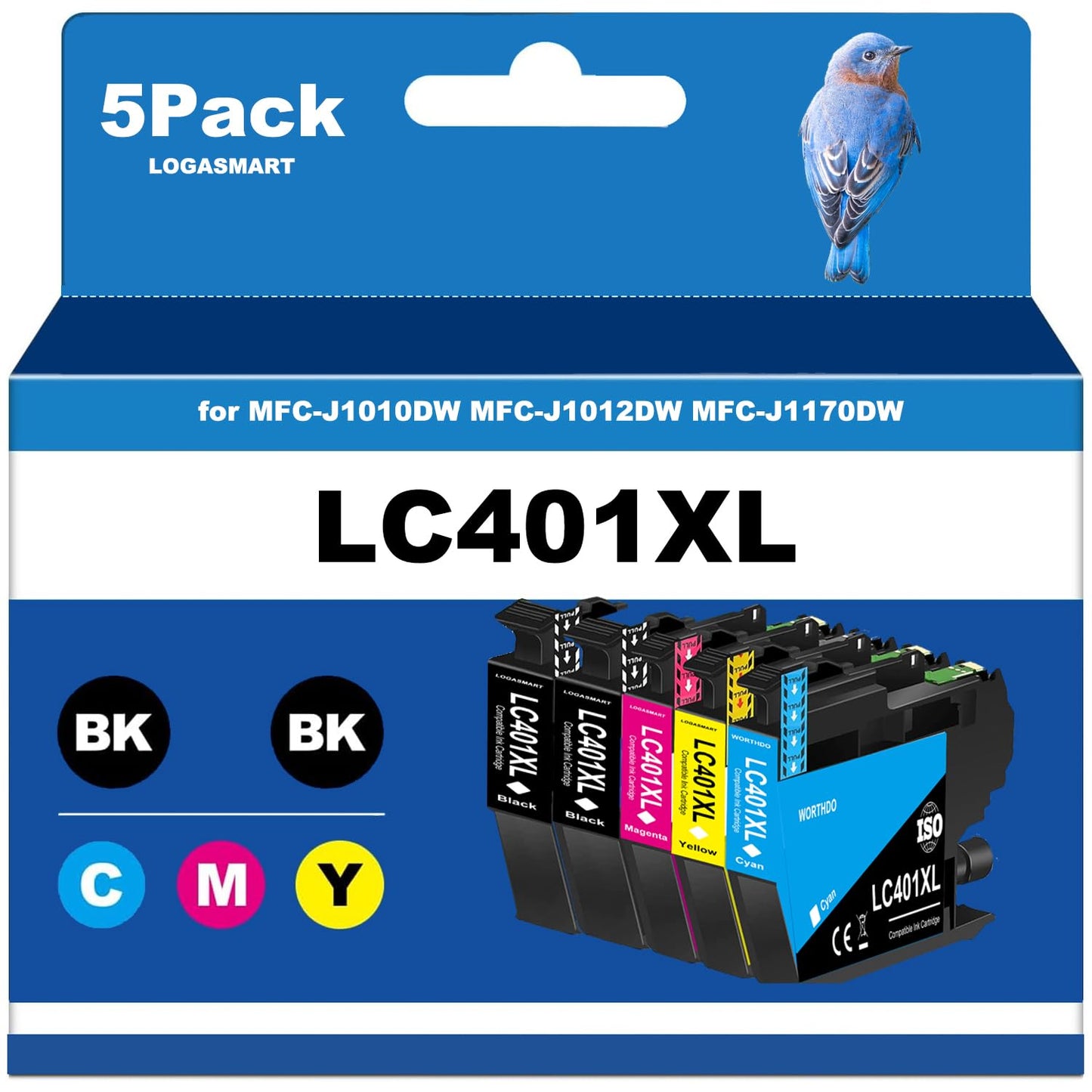 LC401XL Ink Cartridges for Brother Printer Compatible for Brother LC401 Ink Cartridges for Brother MFC-J1010DW MFC-J1012DW MFC-J1170DW Printer 5 Pack (2 Black, 1 Cyan, 1 Magenta, 1 Yellow)