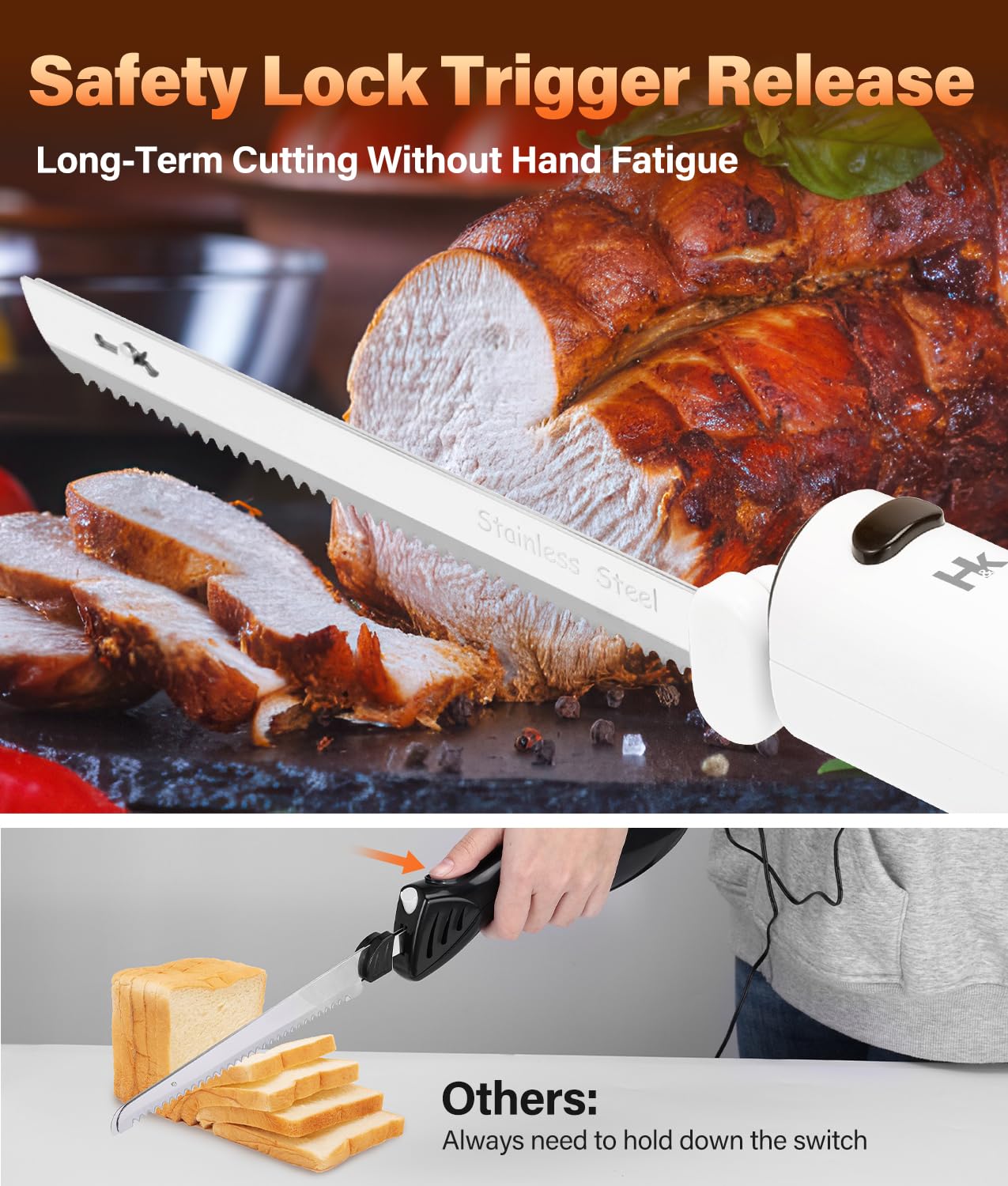 HK Cordless Electric Carving Knife for Meats, Poultry, Bread, Crafting Foam & More, Included Dual 304 Stainless Steel Blades, Fork, Foldable Cutting Board, Newly Upgraded Tactile Control