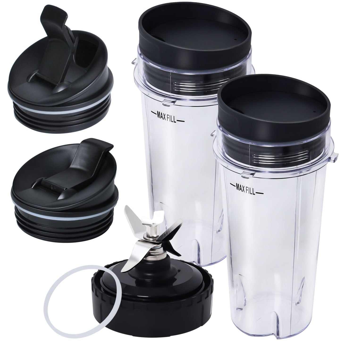 Replacement Parts Compatible with Nutri Ninja, Blender Blade 6 Fins and 2 Pcs 16oz Single Serve Blender Cup Set Compatible with Ninja BL660 BL740 BL780 BL772 BL773CO