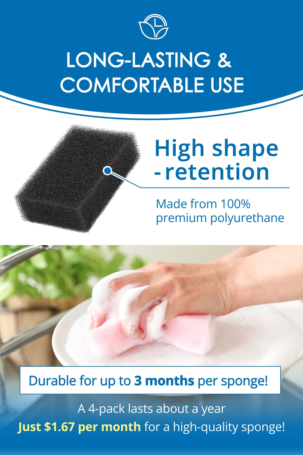 [SunSun Sponge] Kitchen Sponge 4-Pack, Multi-Purpose for Dishwash, Bath, and Stovetop, Excellent Drainage & Rich Lather, Durable & Long-Lasting, Kitchen & Household Essentials, Premium Black