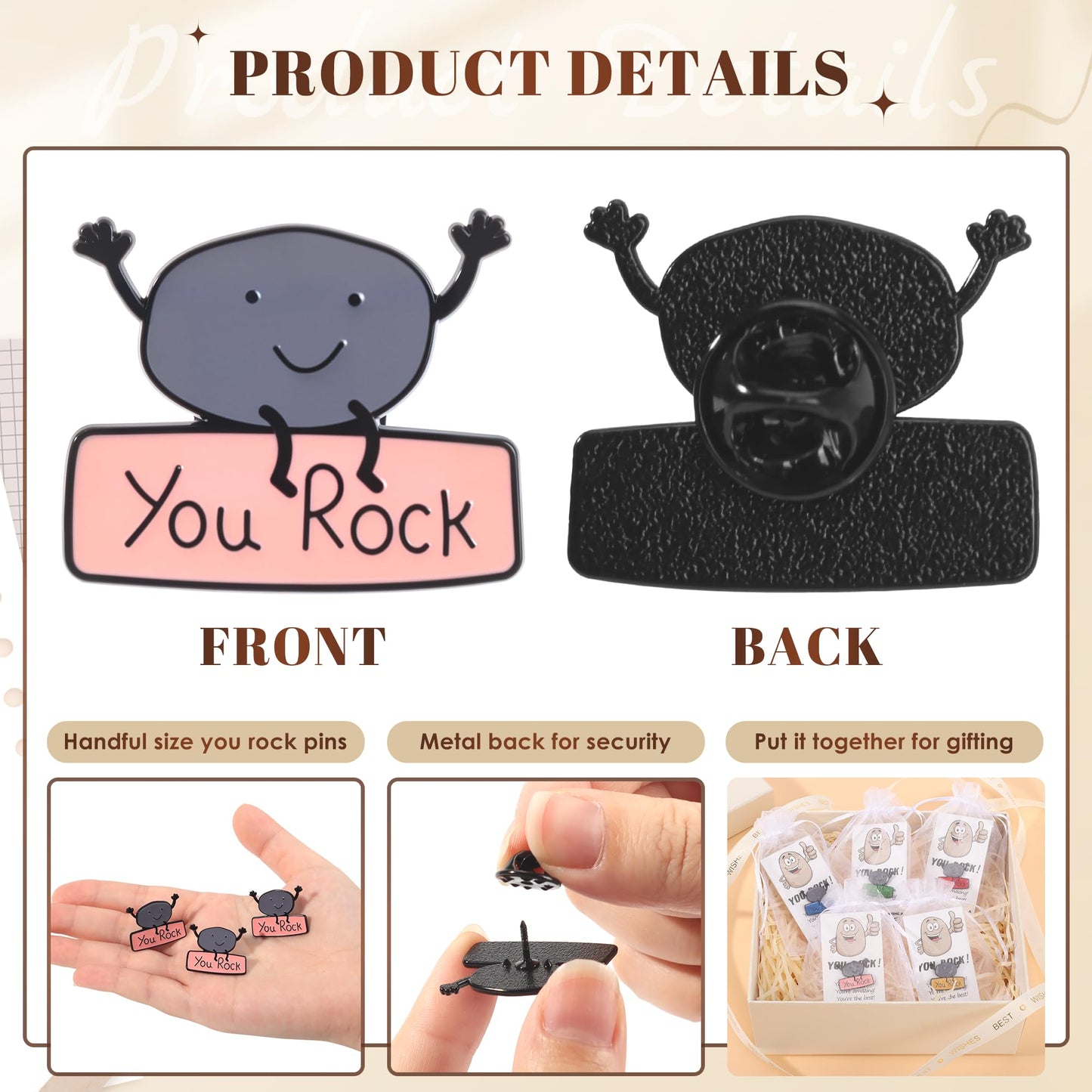 SINCCO 25 Sets Employee Appreciation Gifts Bulk, Funny You Rock Employee of The Month Enamel Pins with Thank You Cards Small Inspirational Lapel Pins for Coworkers Office Staff Team Building, Small