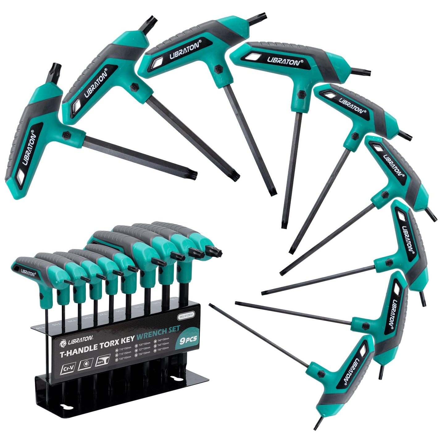 LIBRATON 9PCS T Handle Torx Wrench Set, T10-T50, T-Handle, Two-tip Design, Suitable for Torx Screws, Auto Bike Repair Tool, with Storage Rack