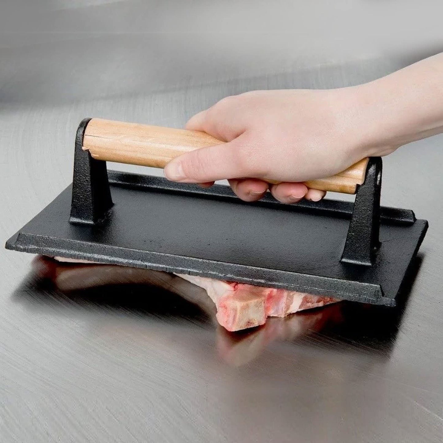 HEIHAK 2 Pack 8 x 4 Inch Cast Iron Steak Weight, Flat Heavy Weight Grill Press with Wooden Handle, Steak Weights for Grill Burgers Bacon Bread