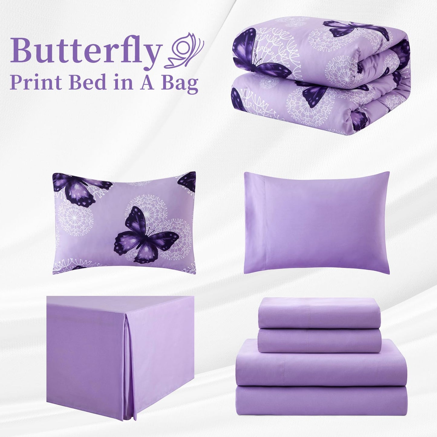 ARTALL Butterfly Pattern Bed in A Bag 6 Piece Bedding Twin Comforter Sets 1 Comforter, 1 Pillow Shams, 1 Flat Sheet, 1 Fitted Sheet, 1 Bed Skirt, 1 Pillowcases