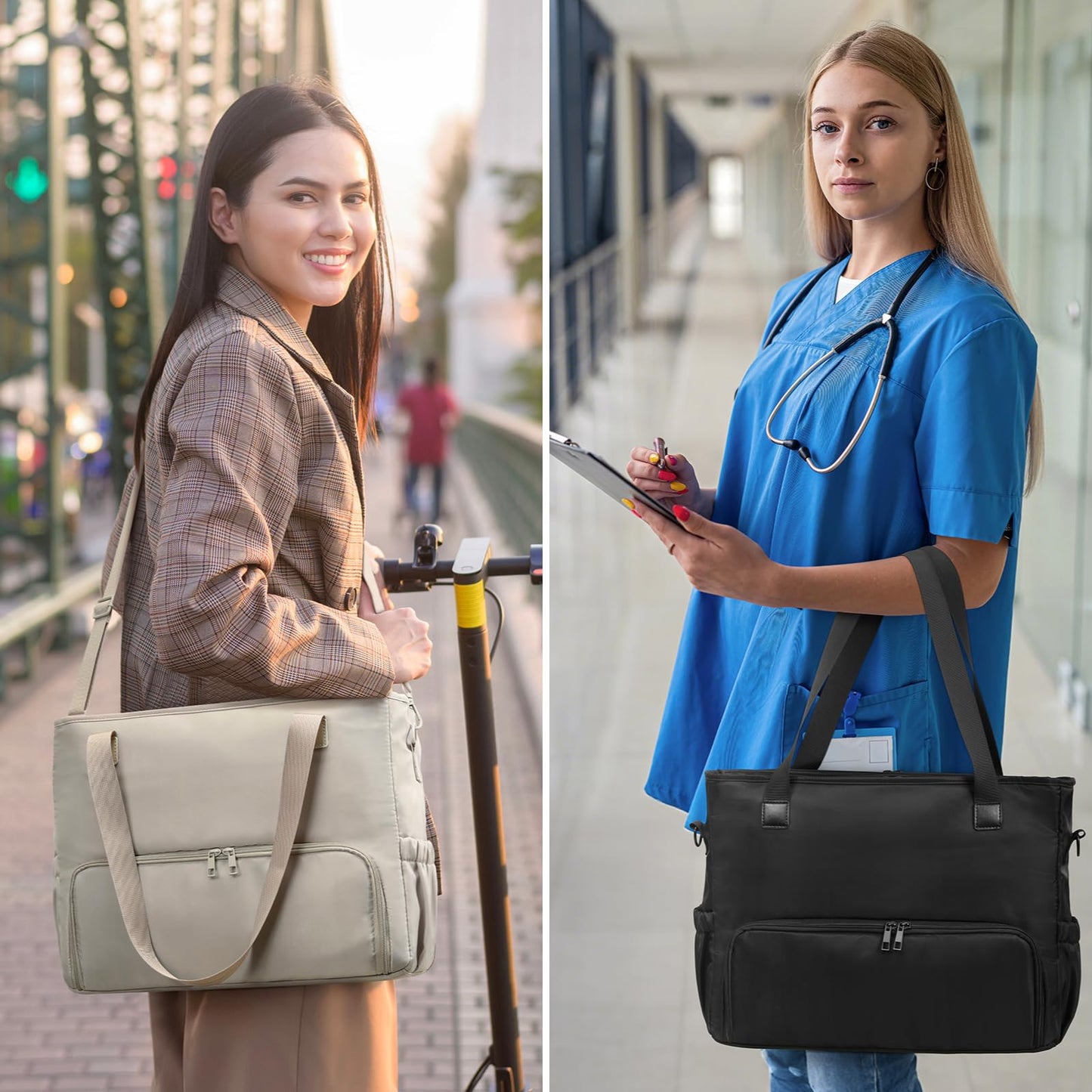 Lunch Bag for Women, Tote Bag with Insulated Lunch Compartment, Non-Leather Water-Resistant Polyester Laptop Bag, Large Capacity & Cup Holder, Casual Work Tote for Teacher, Nurse, Travel, Daily, Black