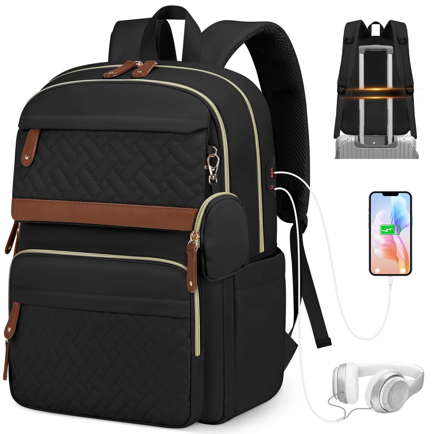 Laptop Backpack for Women 15.6 Inch Travel College Bookbag for Women Large Quilted Business Work Backpack for Women with Detachable Bag Stylish Lightweight Teacher Nurse Computer Bag for Office Casual