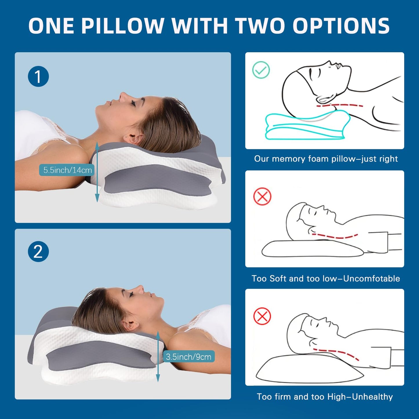 Cervical Neck Pillow, Memory Foam Pillows for Neck and Shoulder Pain Relief, Ergonomic Neck Support Pillow with Breathable Ice Silk Pillowcase, Contour Orthopedic Pillow for Side Back Stomach Sleeper
