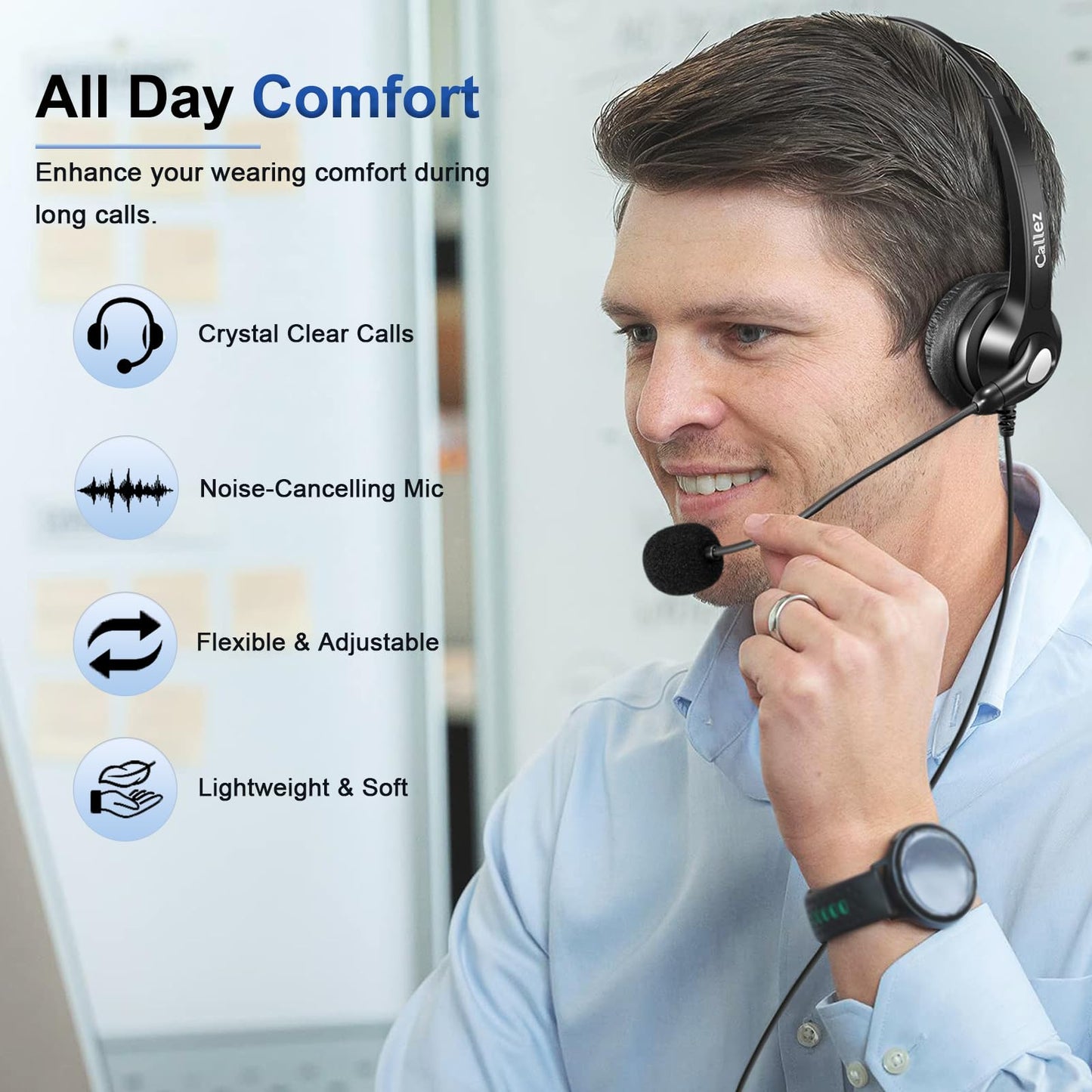 Callez RJ9 Telephone Headset Dual for Polycom Phone with Noise Cancelling Mic & Corded Office Phone Headset Compatible Polycom Avaya Plantronics ShoreTel Toshiba Digium Nortel Landline Phones