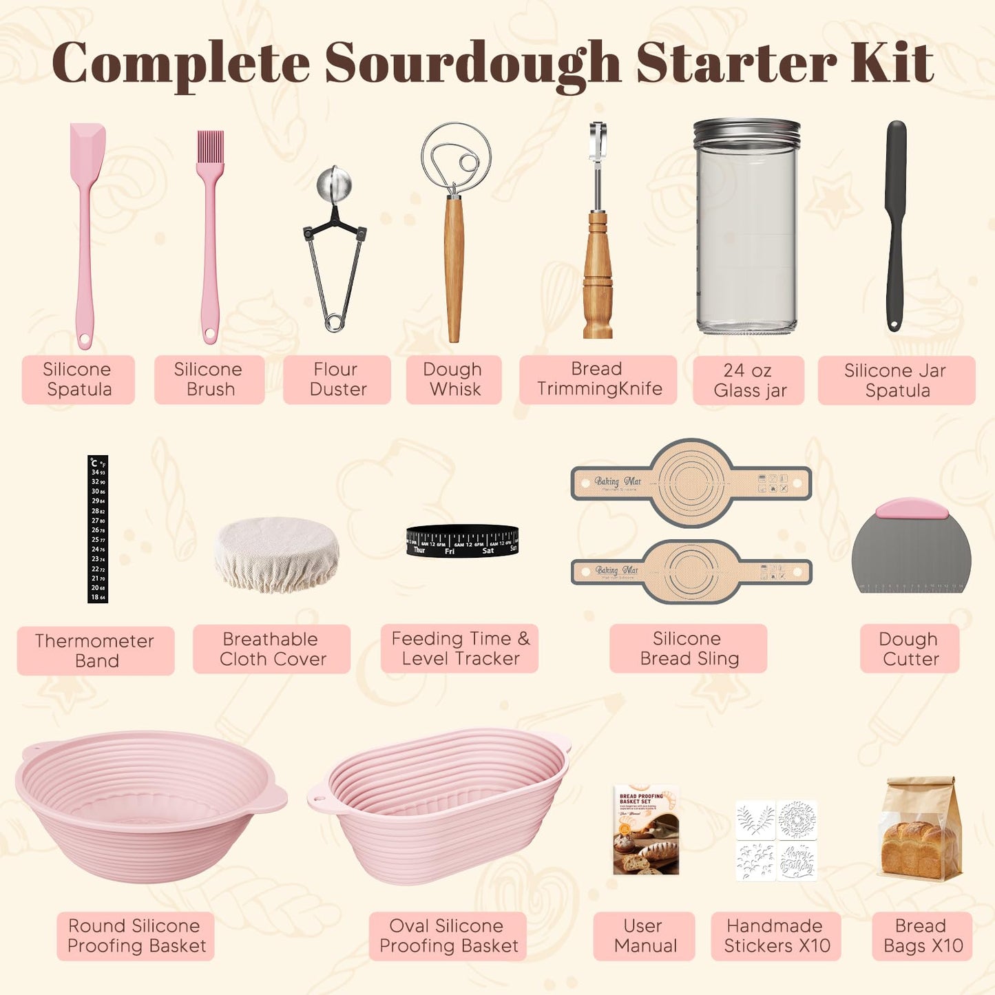 MQFORU Sourdough Bread Starter Kit, 30Pcs Sourdough Starter Kit, 9" Round and 10" Oval Banneton Proofing Basket 730ml Starter Jar, Easy to Fold and Washable Microwave-Safe, Gift for Baking Enthusiasts