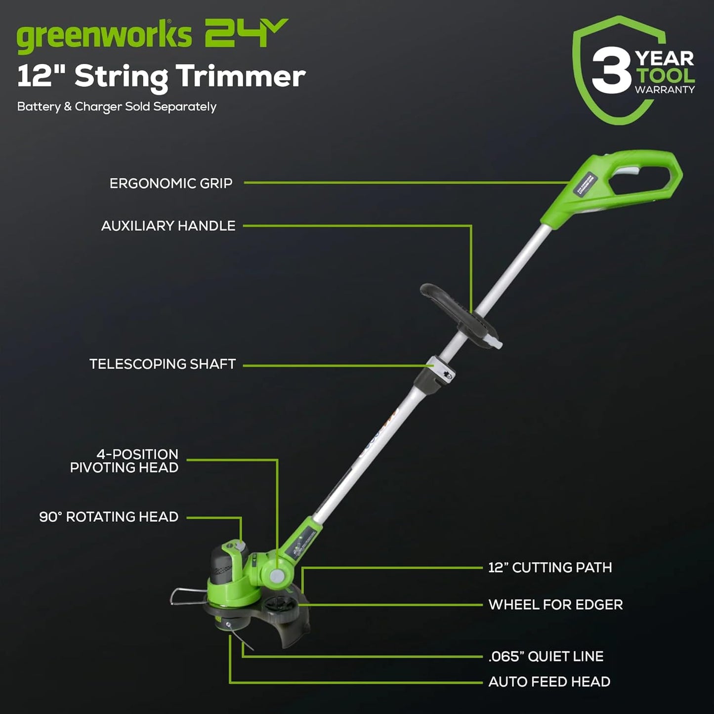Greenworks 24V 12" Cordless String Trimmer & Edger, Battery Powered | Automatic Feed | Adjustable Handle | Lightweight for Home Yard, Lawn Edges, Driveway, & Garden Borders Maintenance, Tool Only