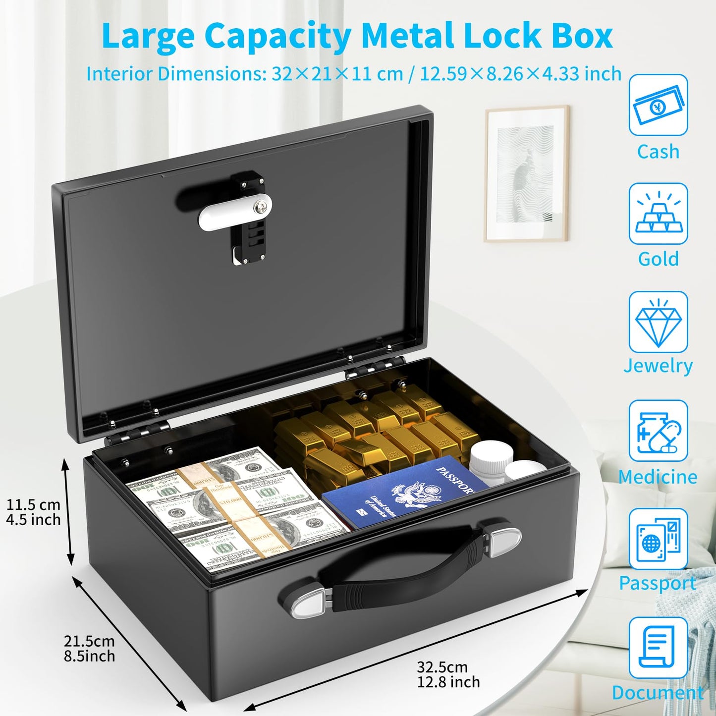 GUVELI Portable Safe Box for Home with Combination Lock and Emergency Key, Home Safes Money Safe Box with Hand Grip, Lock Box Storage Fireproof Document Box for Money Medicine Jewelry A4 Document