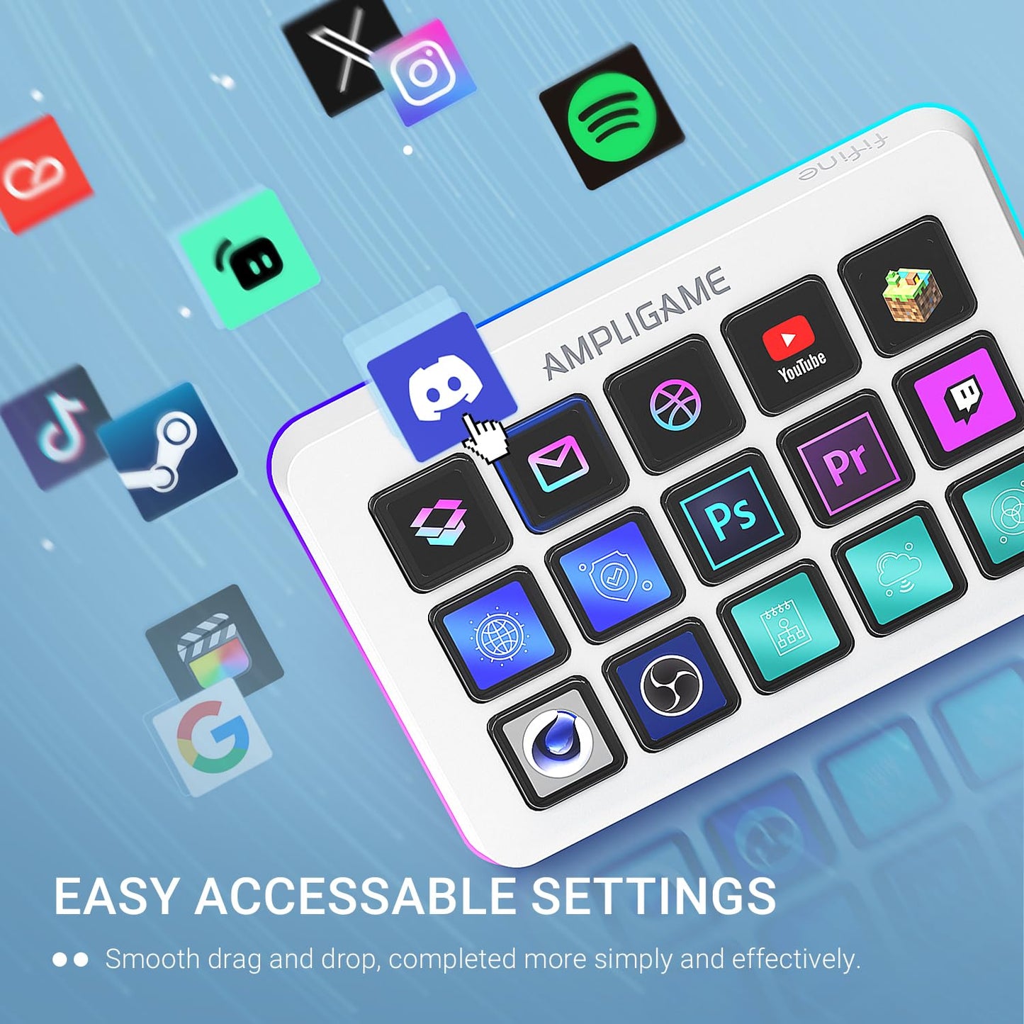 FIFINE AmpliGame Gaming Controller with 15 Shortcuts for OBS Streaming Studio with Macro Keys, Trigger Actions, PC Media RGB Controller for Content Creation/Office Work-D6 White