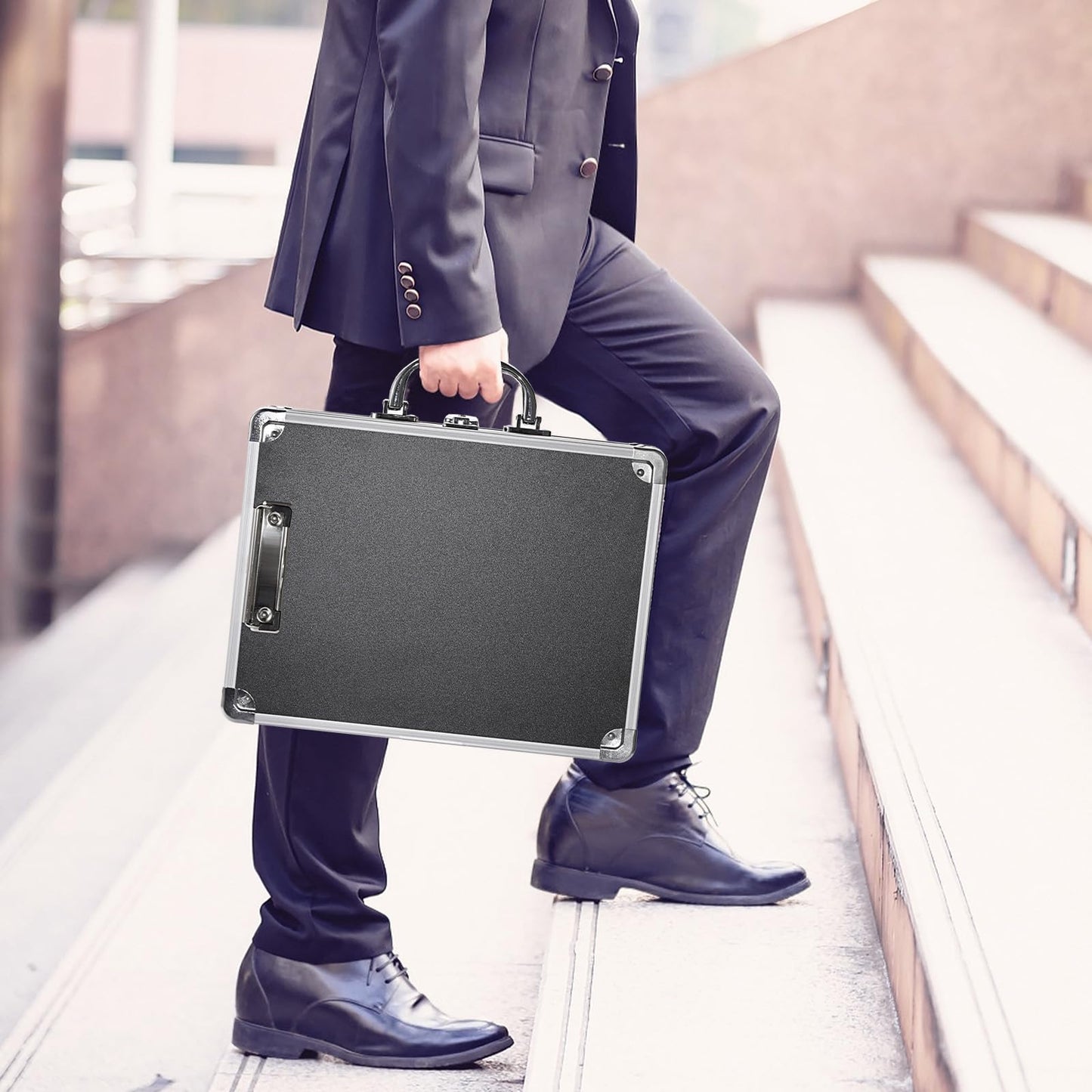 JuxYes Locking Clipboard Storage Box with Handle and Key, Aluminum Clipboard Case Portable Small Briefcase with Binder, Metal Letter Size Paper Organizer for Office Business Men, Silver Black