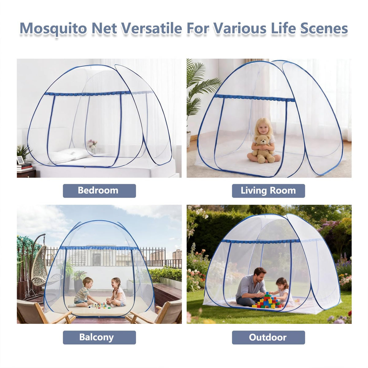 Pop-Up Mosquito Net Tent for Bed, Queen Size Folding Portable Camping Travel Mosquito Tent with Net Bottom for Baby Adults, Easy to Wash Mosquito Net for Bed, L79 x W59 x H59 inch, 2 Entries