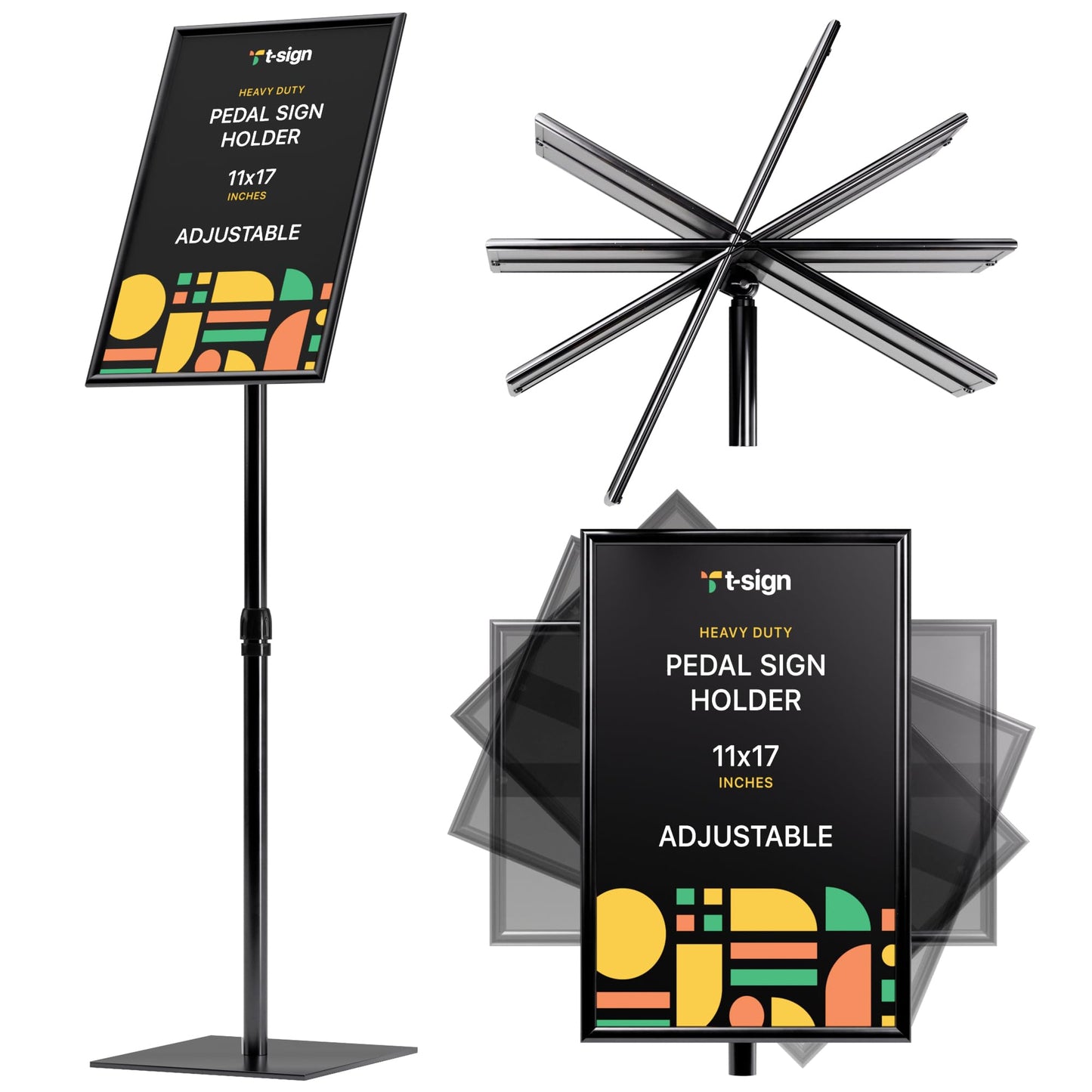 T-SIGN Adjustable Heavy Duty Pedestal Poster Stand, Square Steel Base, 11 x 17 Inch Aluminum Snap Open Frame, Vertical and Horizontal Displayed, Black