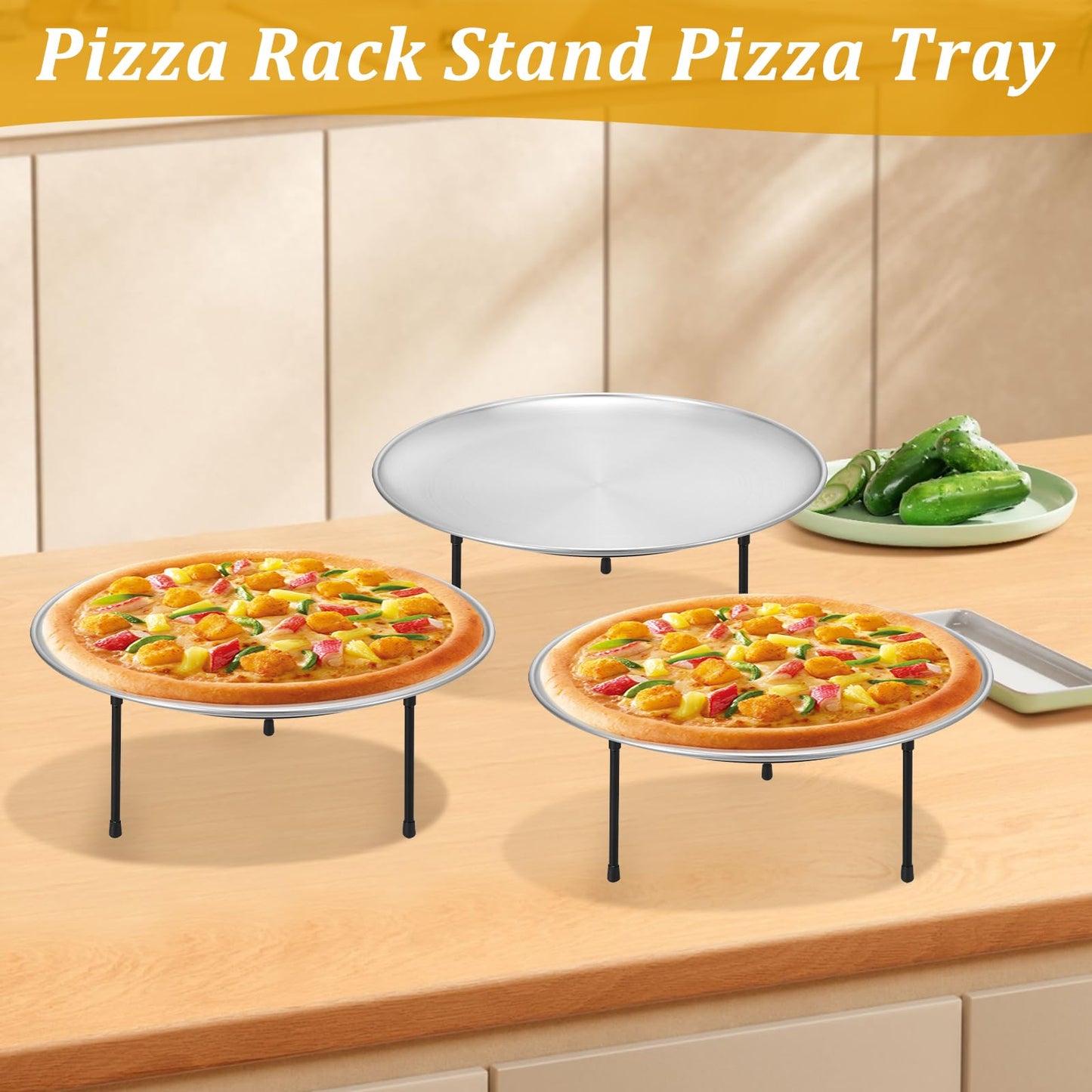 12 Pcs Pizza Pan Riser Stands Sets Includes 4 Round Pizza Tray Riser Rack Holder 4 12inch Pizza Pan and 4 Wood Handle Pie Server, Pizza Rack Stand Pizza Tray for Home and Party