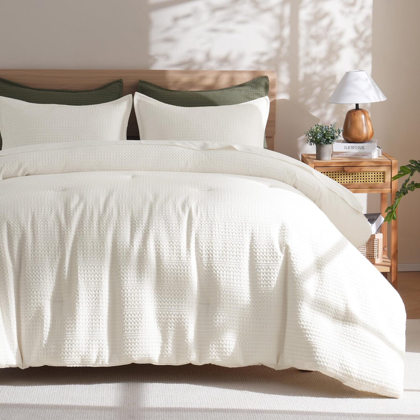 PHF Soft Waffle Comforter Set Queen Size- Comfy Breathable Waffle Weave Comforter with 2 Pillow Shams, 3 Pieces No Snagging Lightweight Bedding Set for All Season, Cream