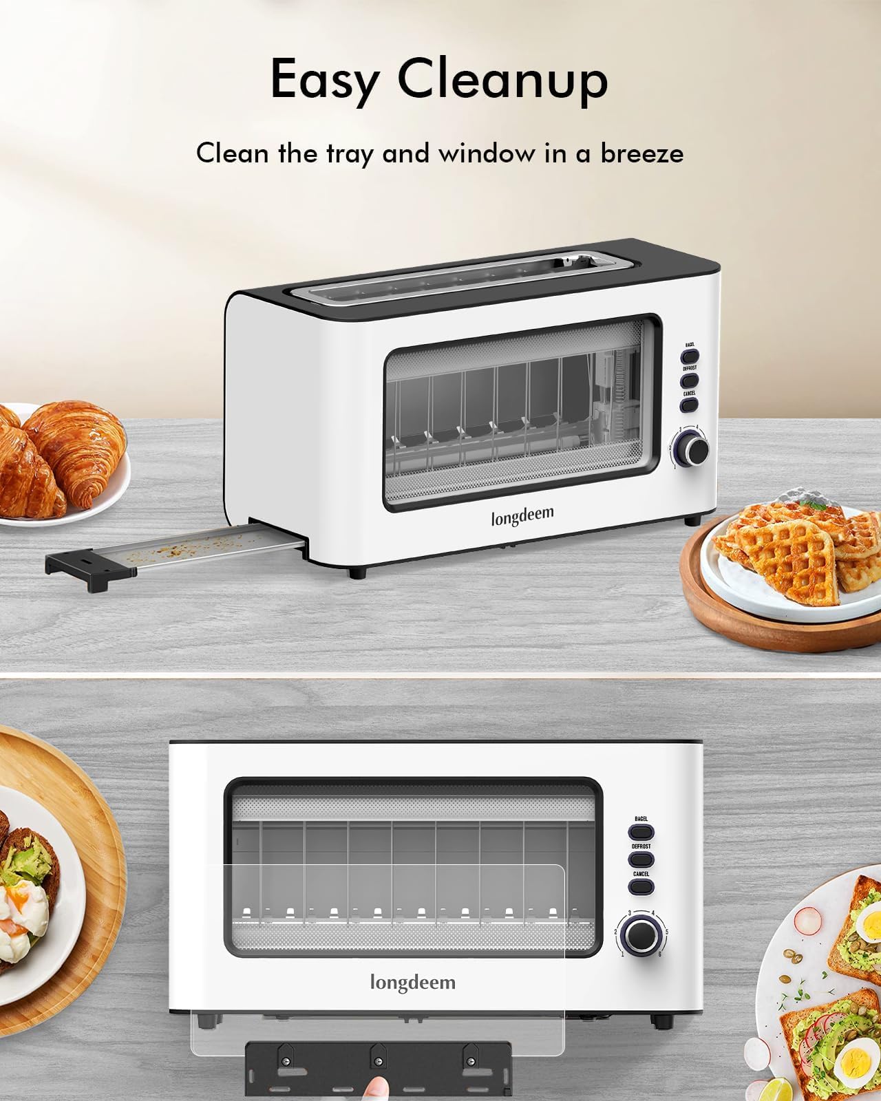 LONGDEEM Toaster 2 Slice, Bagel-Ready with Extra Wide Slots, Easy to Clean, See Through Window, Includes Defrost, Reheat & Auto Shutoff for All Baked Goods, White