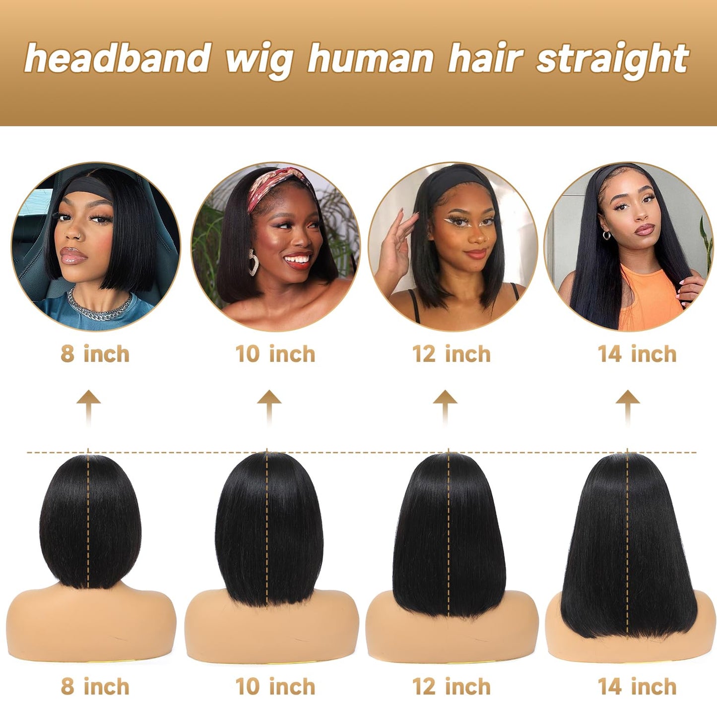 Headband Wigs Human Hair 12 Inch Bob Headband Wigs For Black Women Wear And Go Short Bob Wigs Glueless Wigs Human Hair Natural Black Headband Wig Human Hair Straight 150% Density