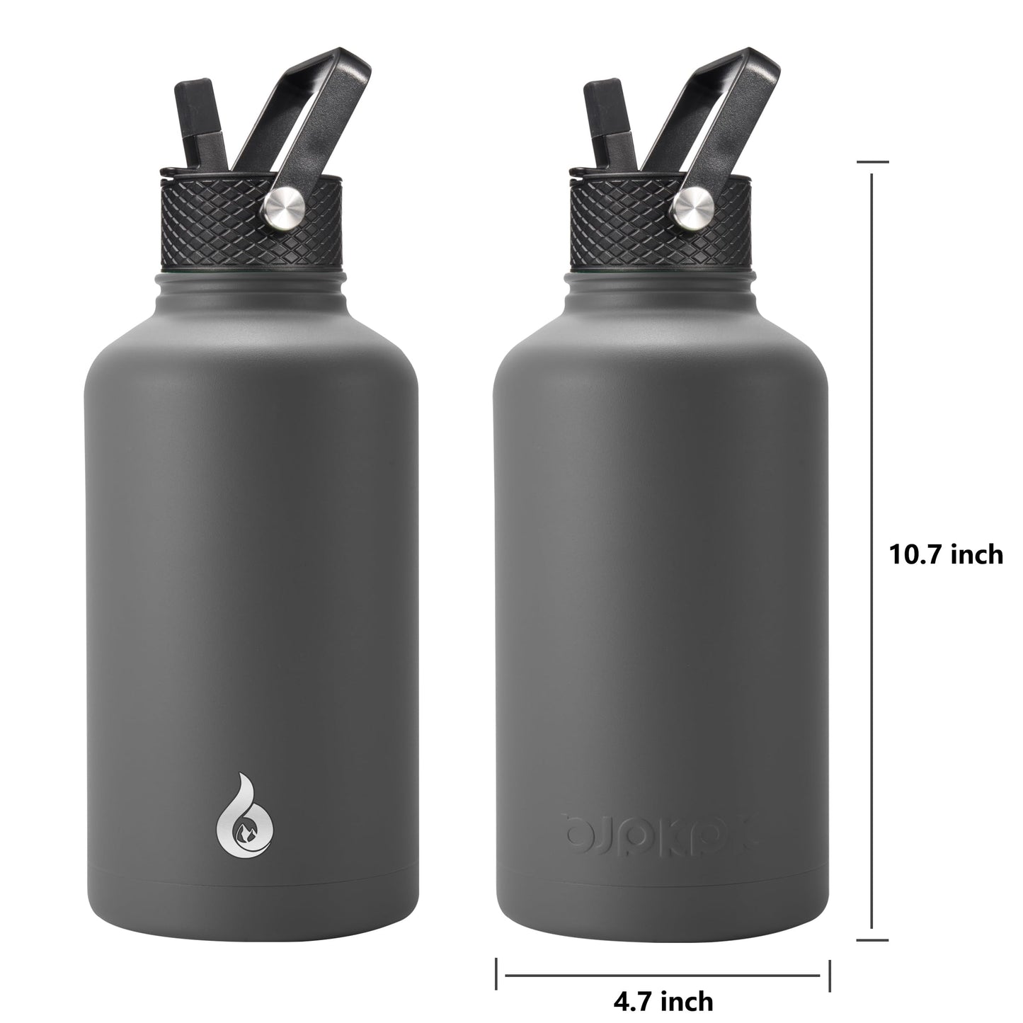 BJPKPK Half Gallon Insulated Water Bottles with Straw Lid, 64oz Large Water Jug, Stainless Steel Bottles with 3 Lids and Paracord Handle, Thermo for Hot & Cold Liquid, Gray