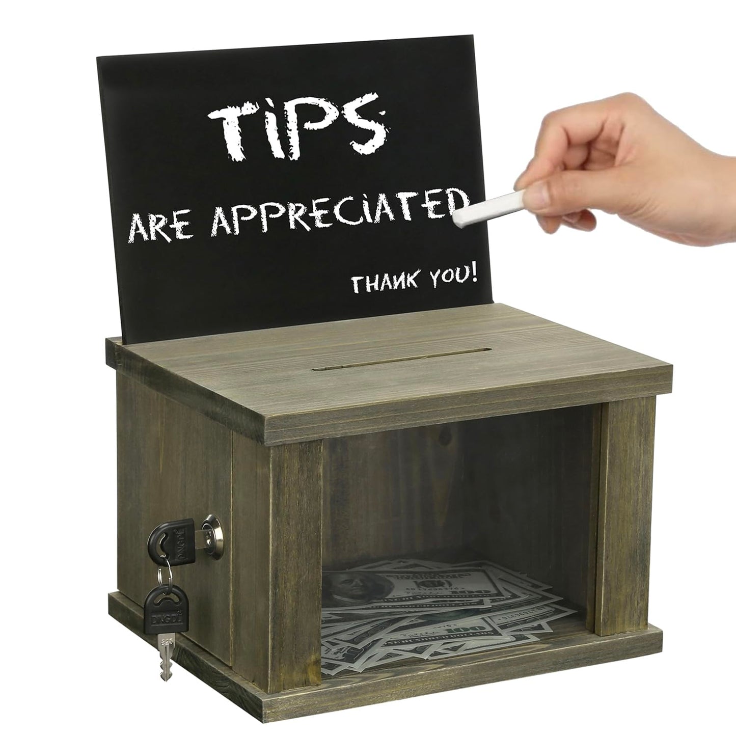 MyGift 9 x 7 Inch Vintage Weathered Gray Wood Tip Donation Comment Collection Box with Premium Transparent Acrylic Front Window Panel, Lock, Key, Removable Chalkboard and Clear Sign Holder