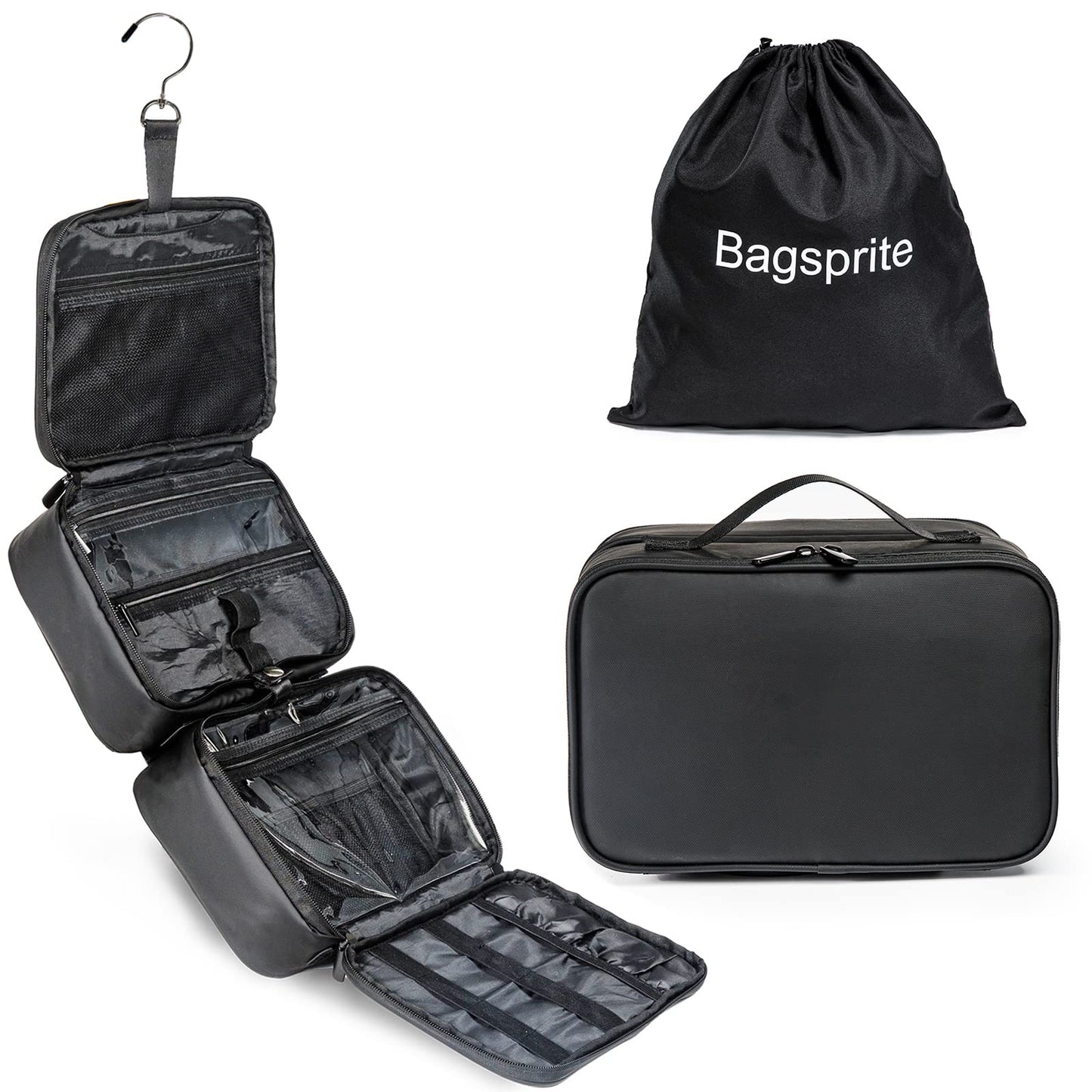 BAGSPRITE Large Hanging Toiletry Bag for Men and Women - Water-Resistant Travel Toiletry Bag - Makeup Cosmetic Bag Travel Organizer for Accessories, Shampoo, Full-size Container, 2IN1 Black