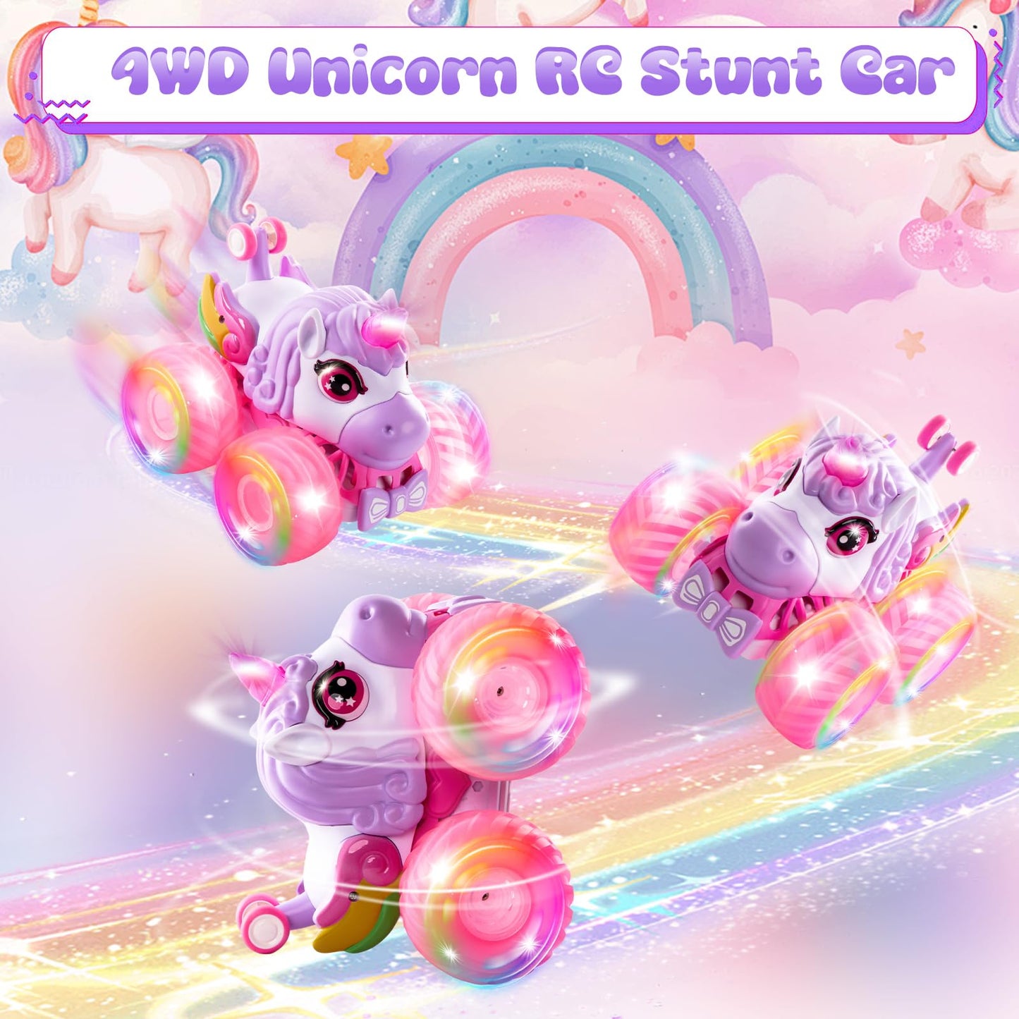 Remote Control Car Unicorn Monster Trucks for Girls 360° Rotating 4WD Stunt RC Cars with LED Lights and Music, 2.4GHz Toy Various Terrain Pink RC Cars Birthday Gifts for Kids Girl Age 3-10 (LY-023)