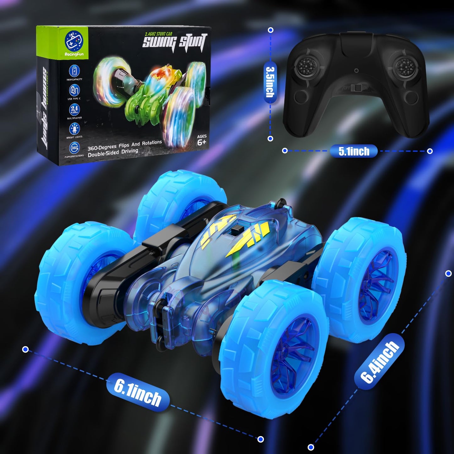 Remote Control Cars,Stunt RC Car Toy for Kids Ages 6-12,Fast USB-C Easy Charging,4WD Rechargeable RC Truck with Colorful Lights,2.4GHz Double-Sided 360° Rotating Birthday Gifts for Boys Girls(Blue)