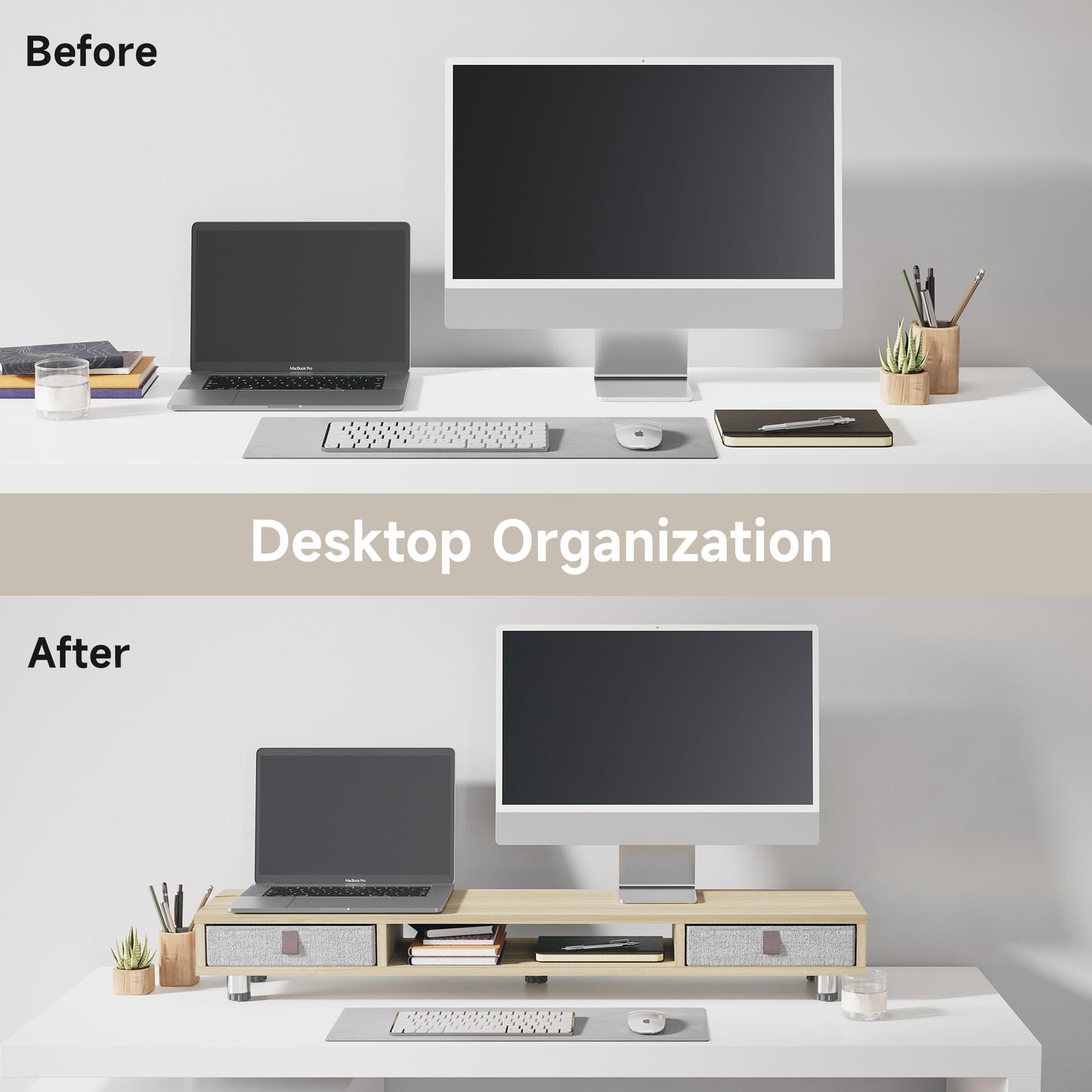 FENGE Dual Monitor Stand with 2 Drawers 42.5 Inch Large Computer Monitor Riser for Desk, Adjustable Height Desk Organizer with Storage for Laptop, PC, TV, Printer, Whole Piece Board Oak