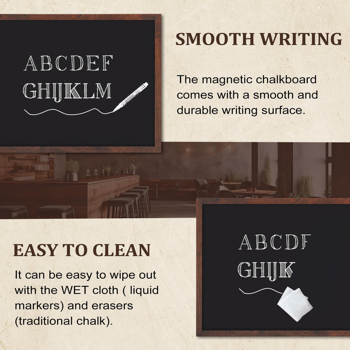 AMUSIGHT Chalk Board 36" x 24" Magnetic Chalkboard for Wall, Rustic Brown Framed Blackboard, Hanging Black Chalkboards for Home Décor, Restaurant & Café Menus, 4 Markers 8 Magnets