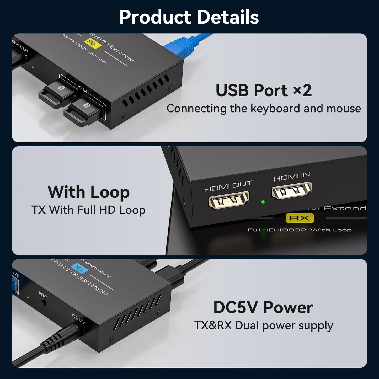 120M 394ft HDMI KVM USB Extender Over Cat 5e 6 71080P Ethernet Balun Transmitter Receiver with Loop Out Function Plug Play for Mouse and Keyboard Control