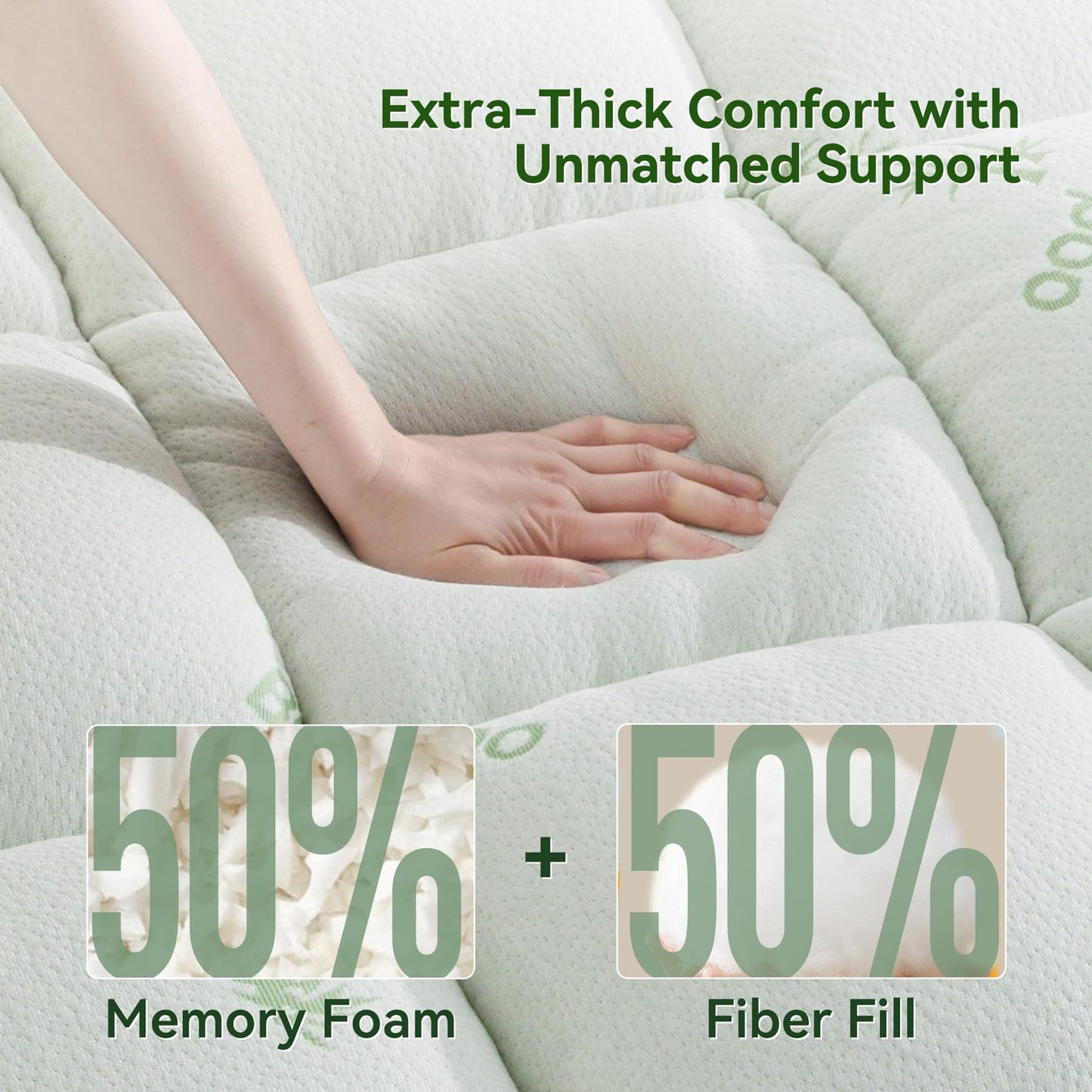 SunStyle Home Mattress Topper Queen Memory Foam for Back Pain, Rayon Derived from Bamboo Pillow Top Mattress Topper,Thick Mattress Pad with 8-21" Deep Pocket, 60x80 Inches, White